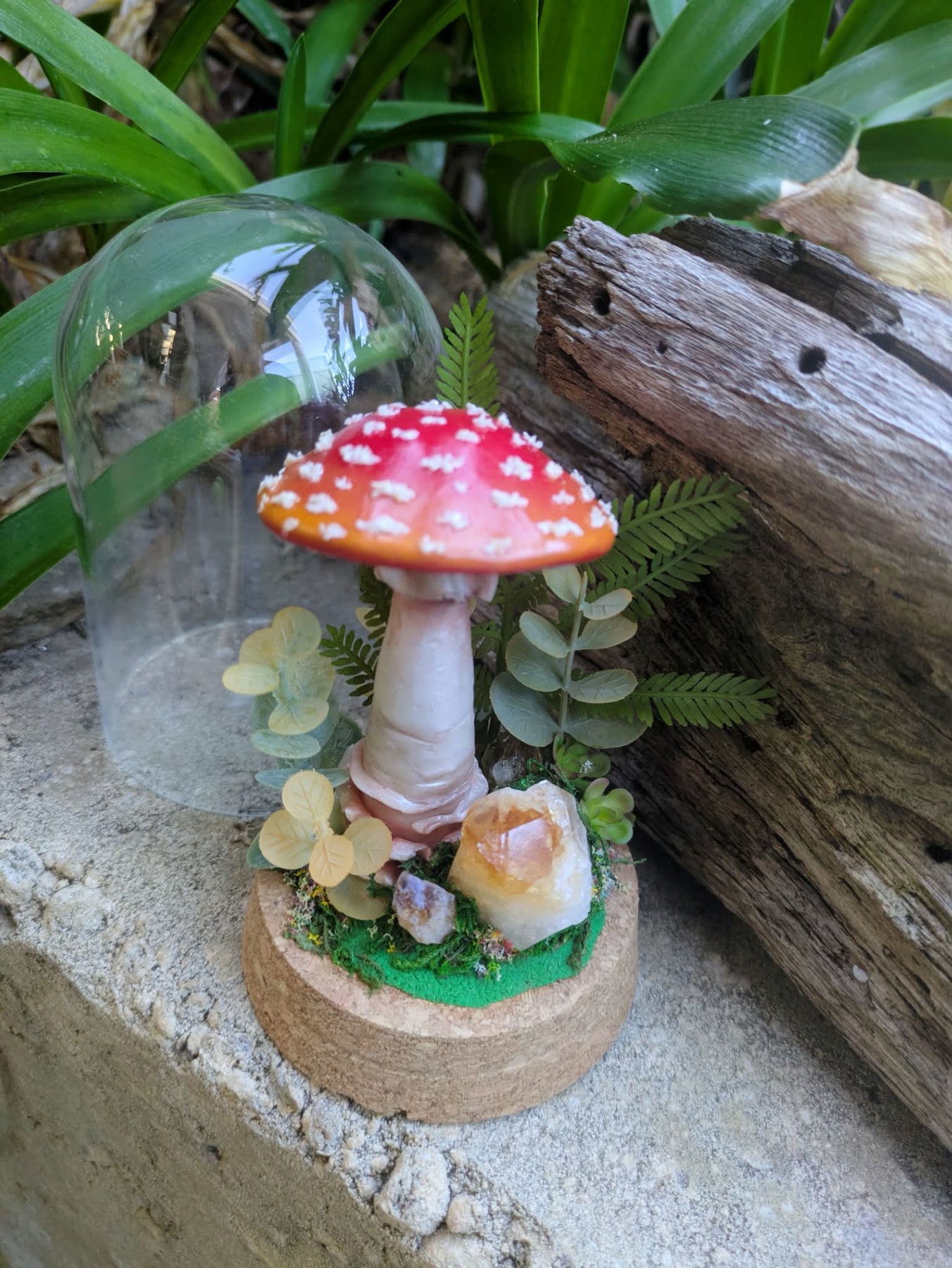Hand Sculpted Amanita Mushroom & Citrine Crystal Dome