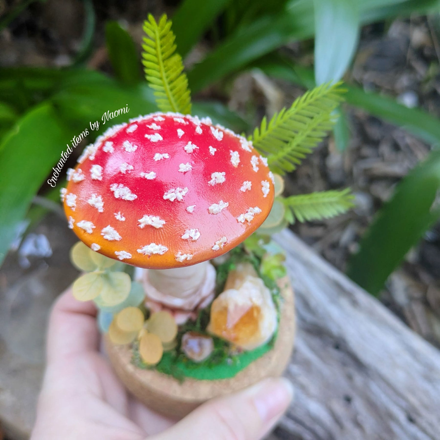 Hand Sculpted Amanita Mushroom & Citrine Crystal Dome