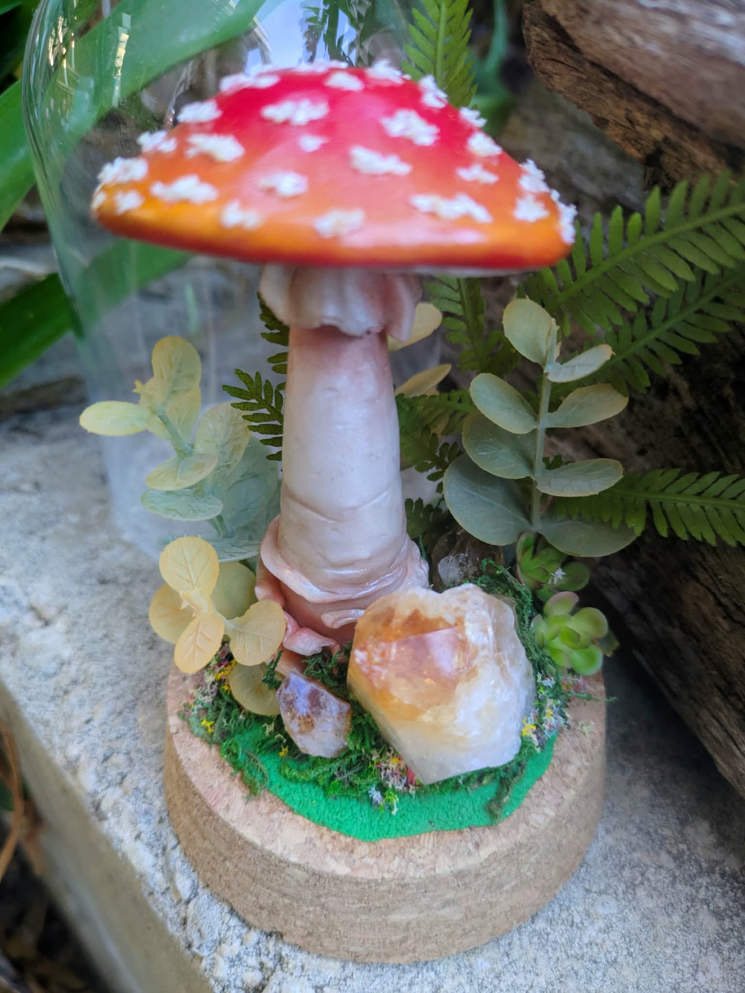 Hand Sculpted Amanita Mushroom & Citrine Crystal Dome