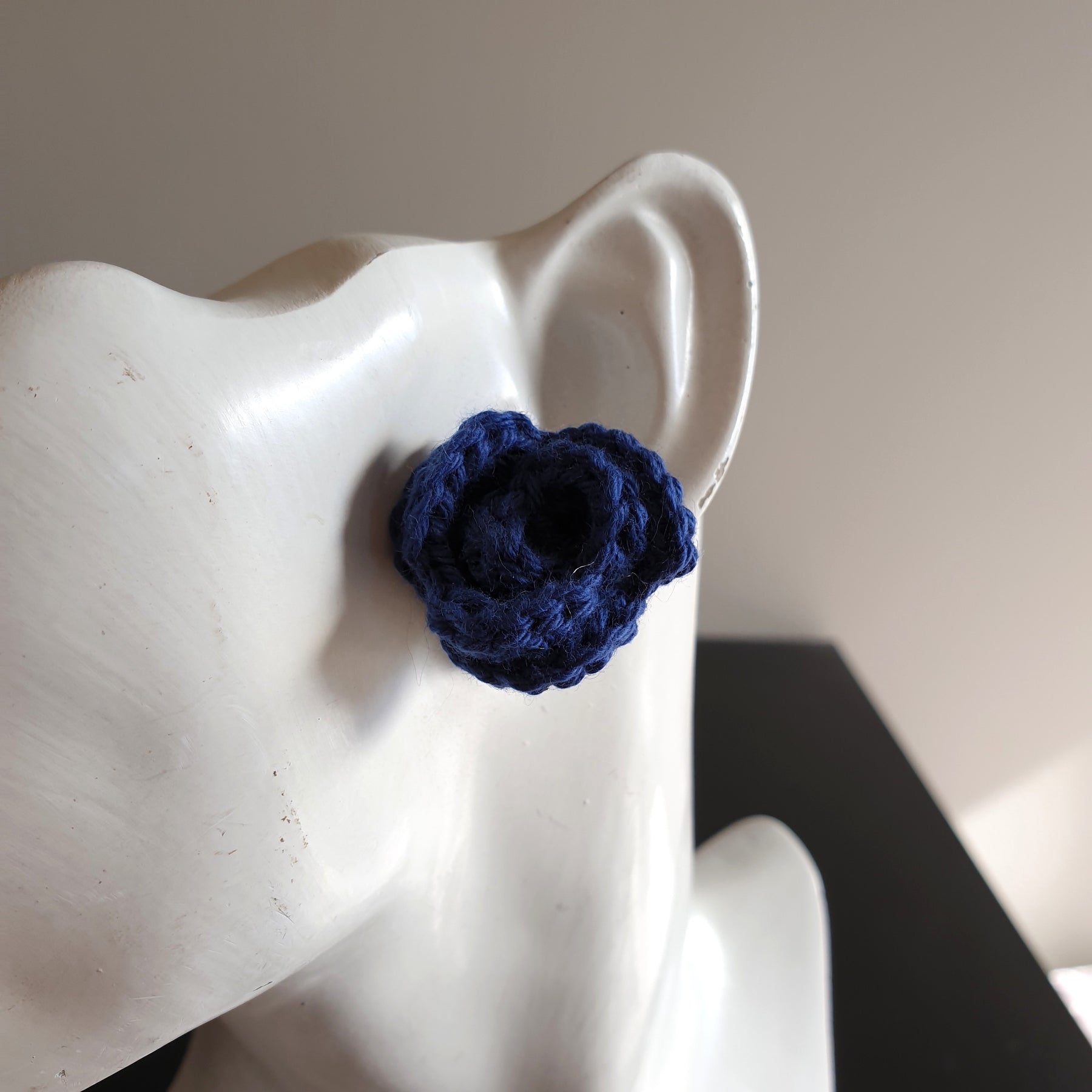 Small Hand Knitted Small Crochet Rose Flower Stud earrings : Blue White Gray