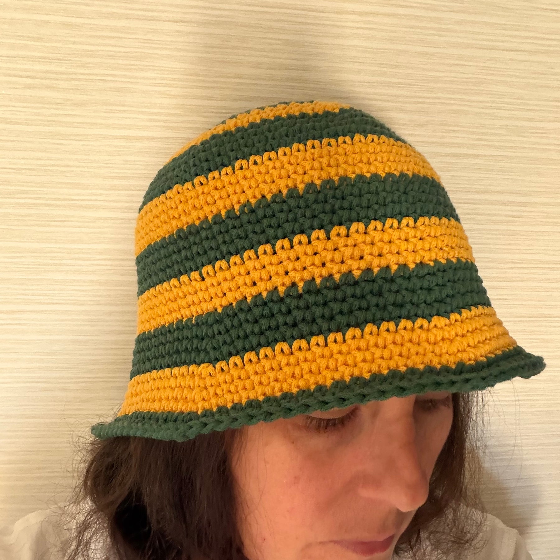 Handmade Australian Green & Gold Crochet Bucket Hat Cricket Season Hat