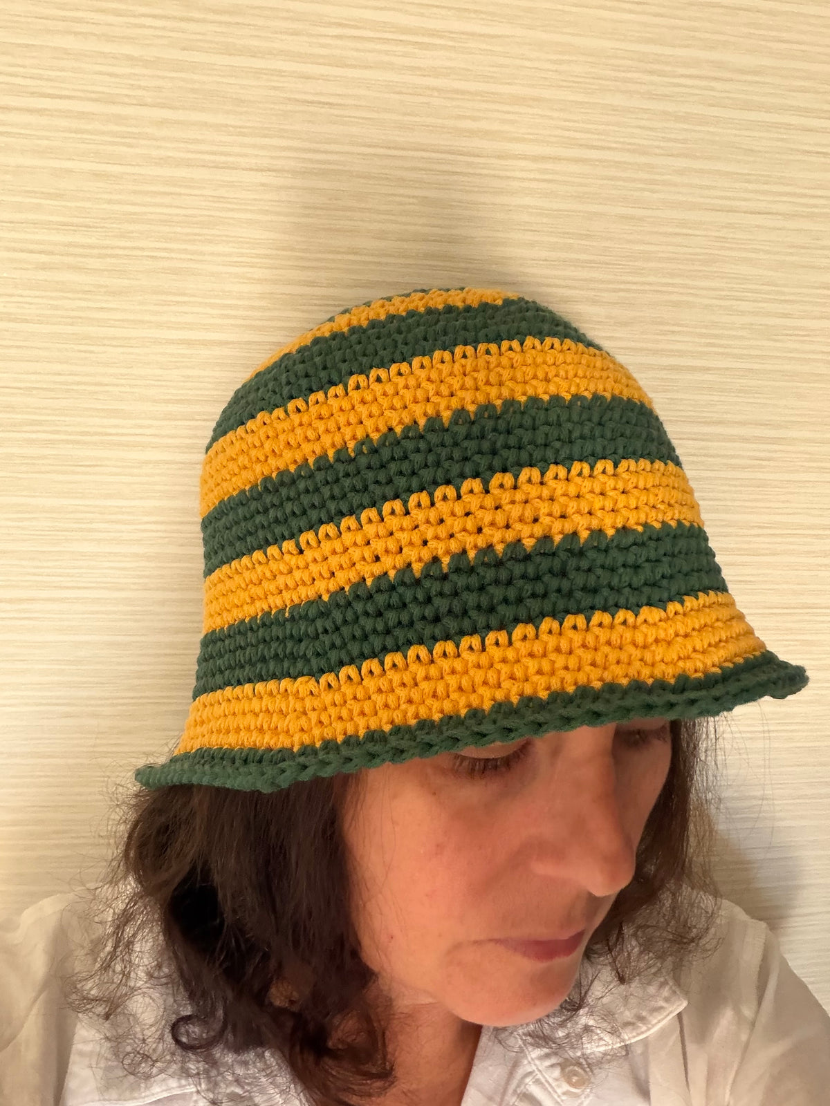 Handmade Australian Green & Gold Crochet Bucket Hat Cricket Season Hat