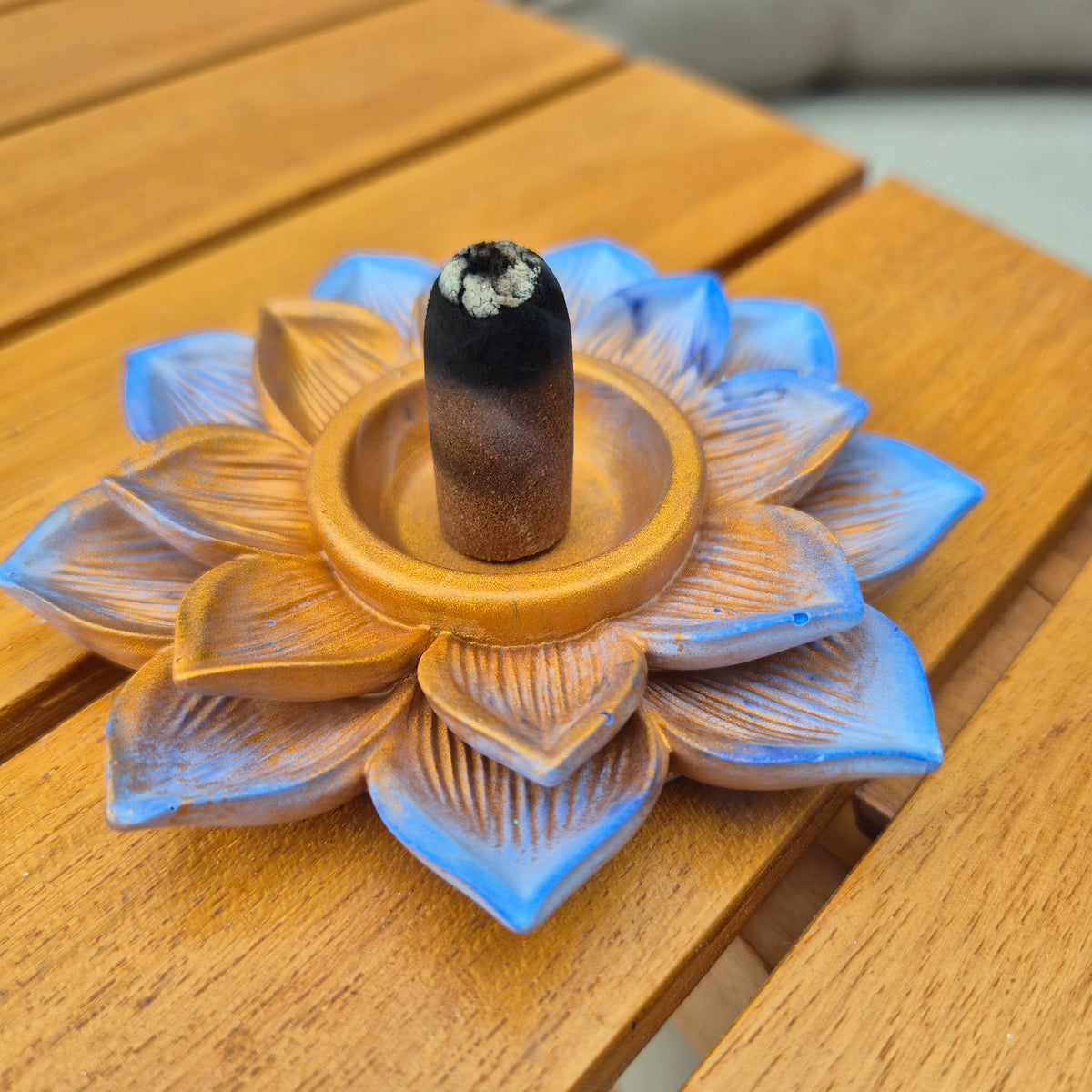 Pale blue and rose gold concrete lotus incense cone holder