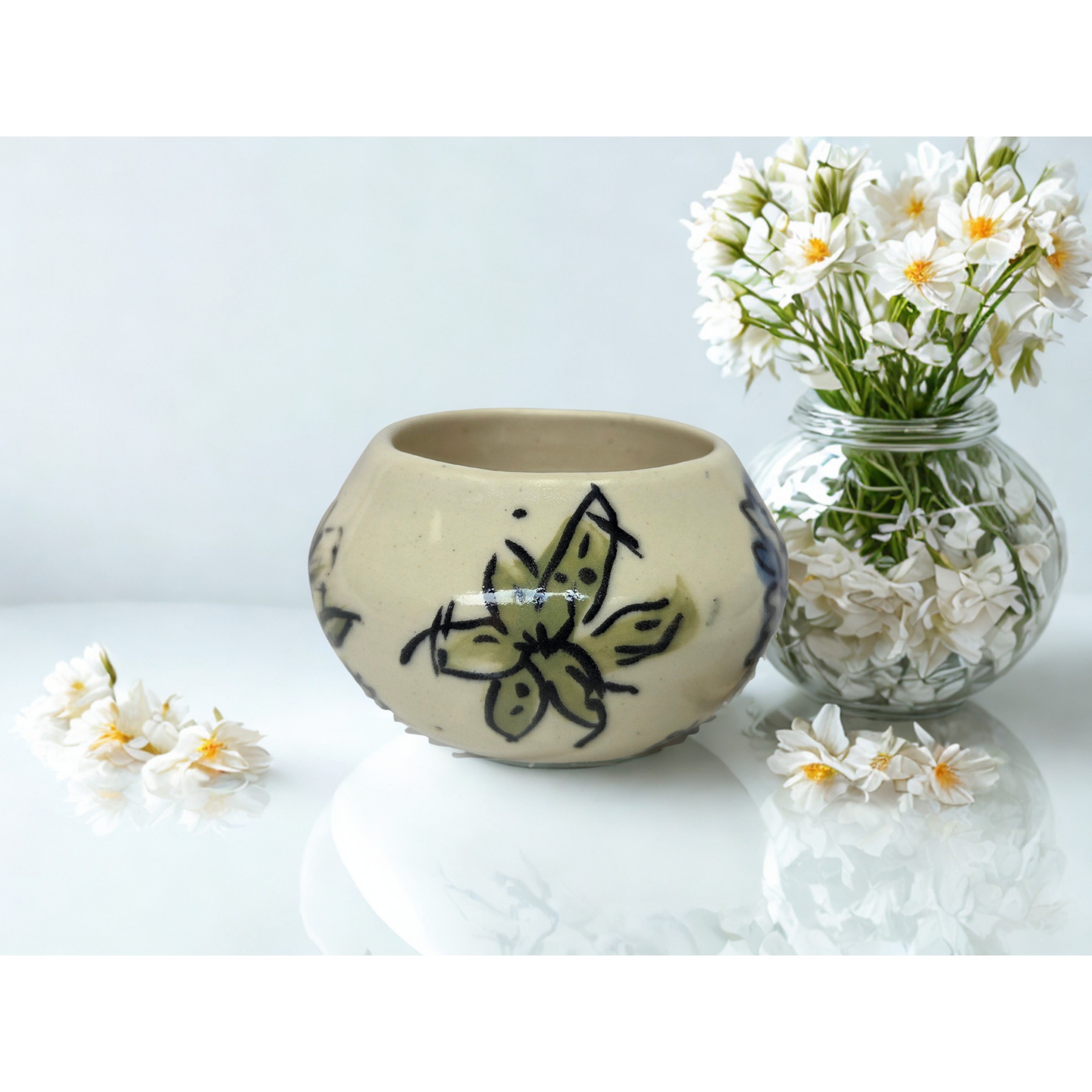 Wheel thrown ceramic Moon Bowl with hand painted flower detail