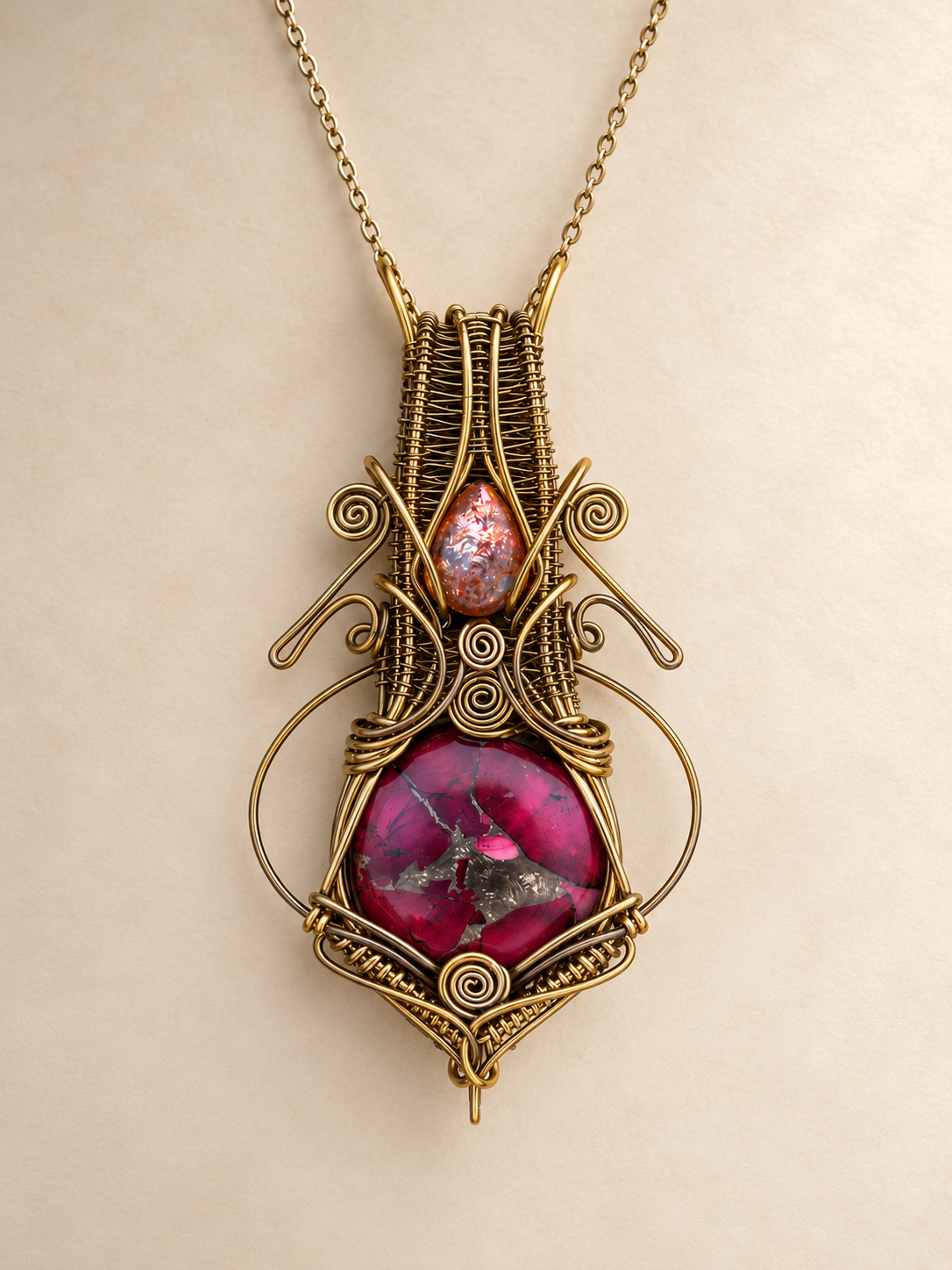 Sunstone Mojave turquoise copper crystal wire wrap pendant