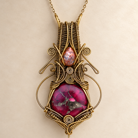 Sunstone Mojave turquoise copper crystal wire wrap pendant