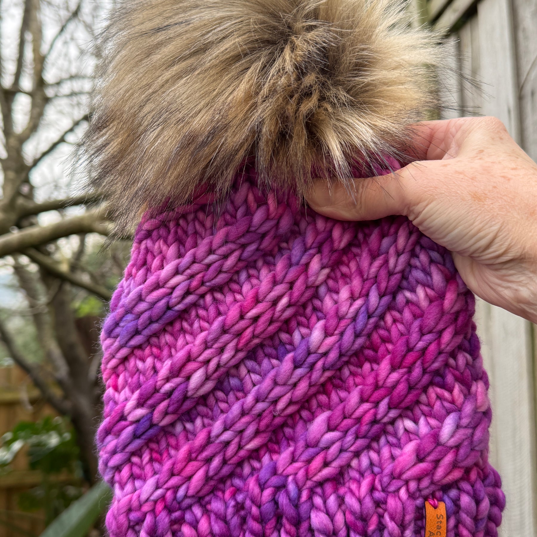 Merino Beanie, Pink Purple PomPom Beanie