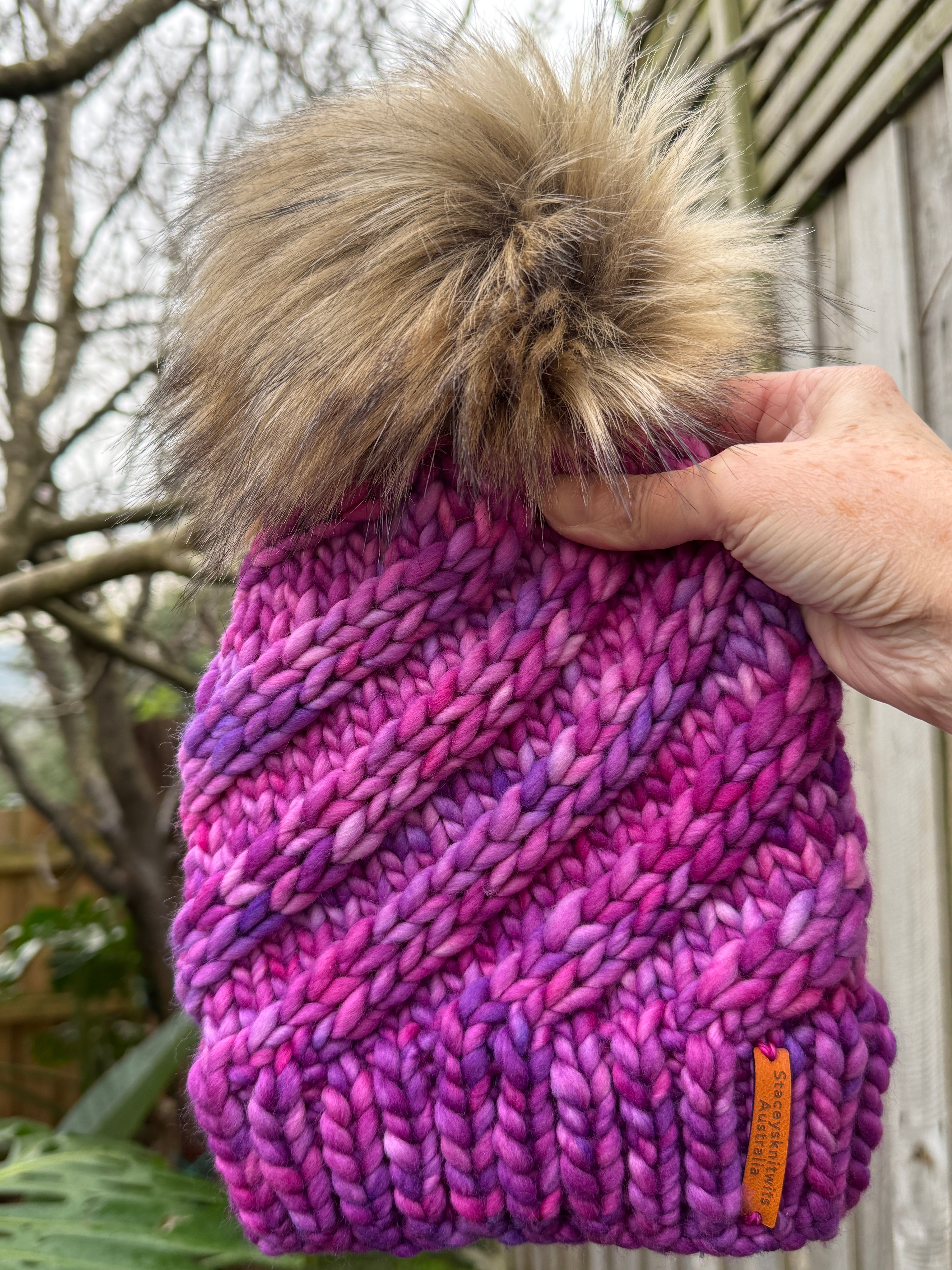 Merino Beanie, Pink Purple PomPom Beanie
