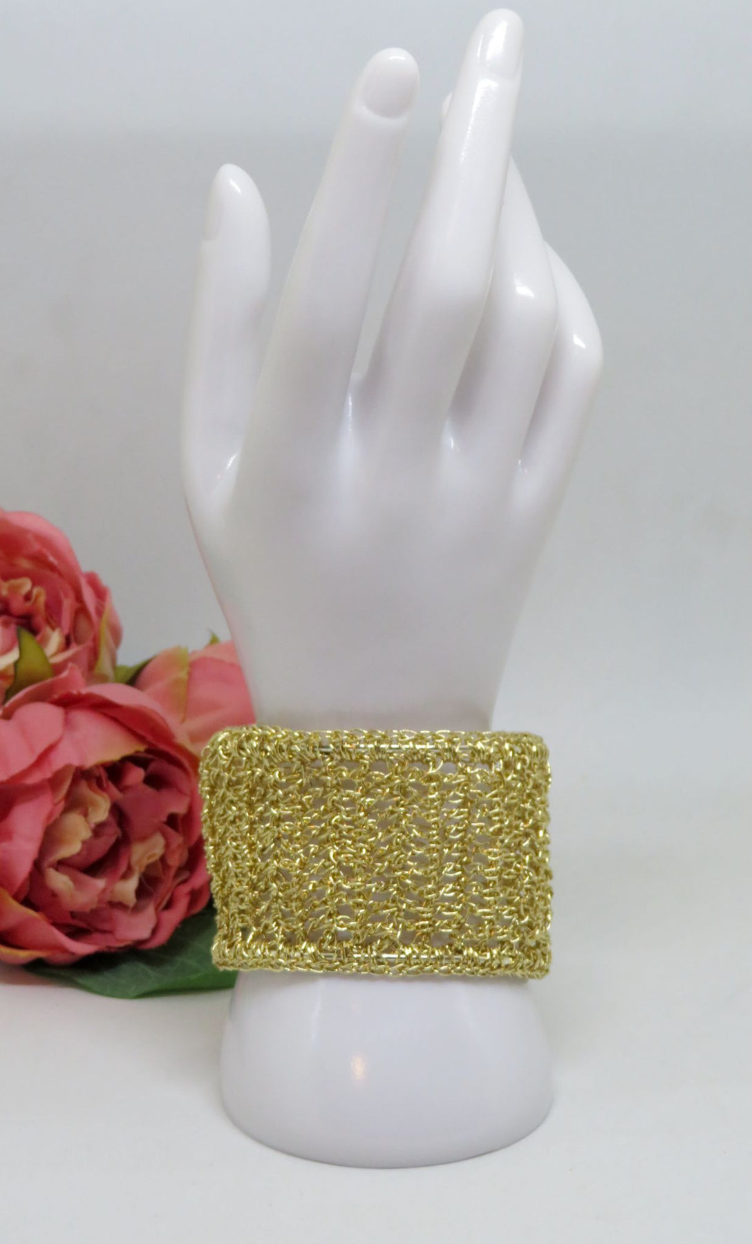 Bespoke Handmade Gold Crochet Shimmer Thread Cuff Bracelet