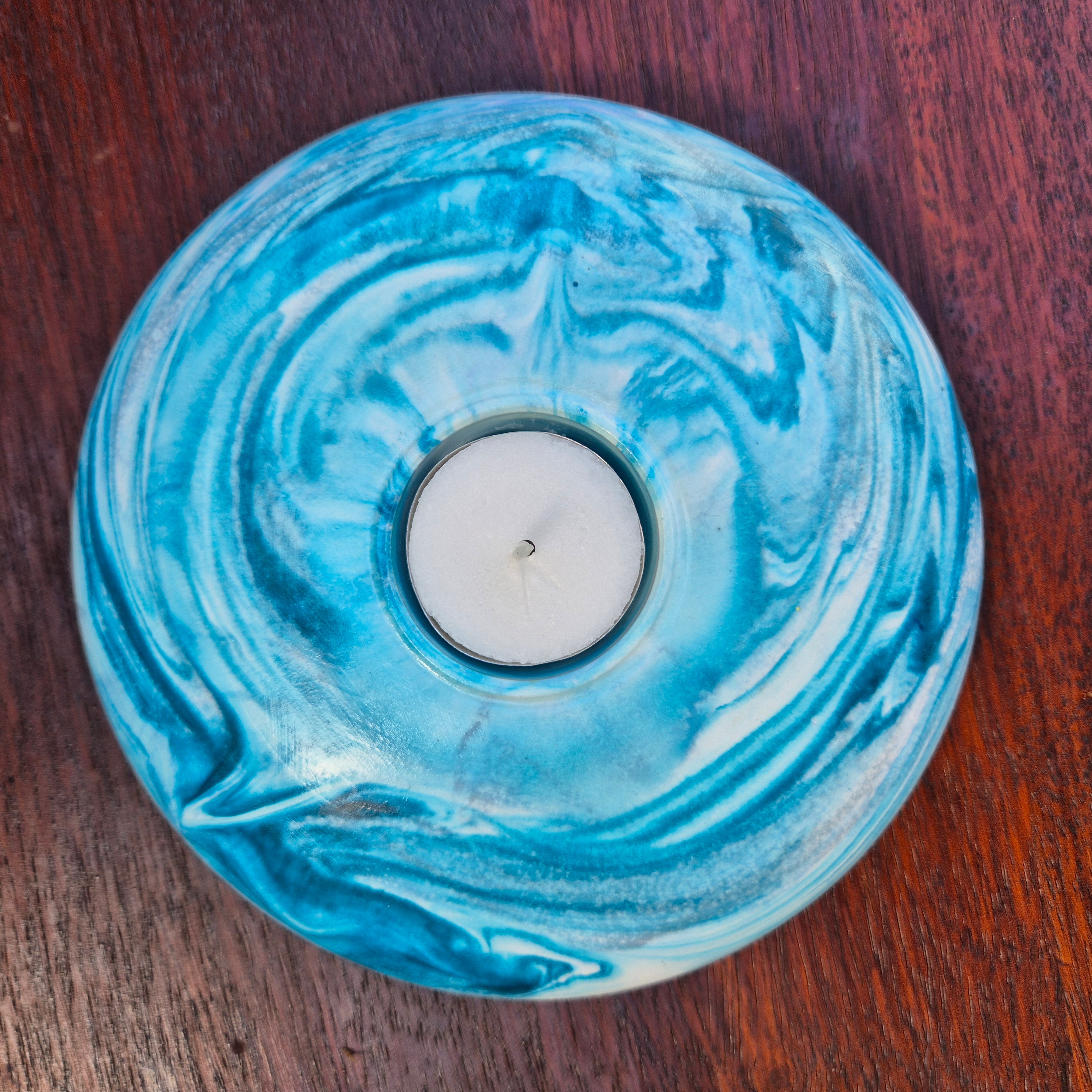 Large round concrete tealight candle holder in teal