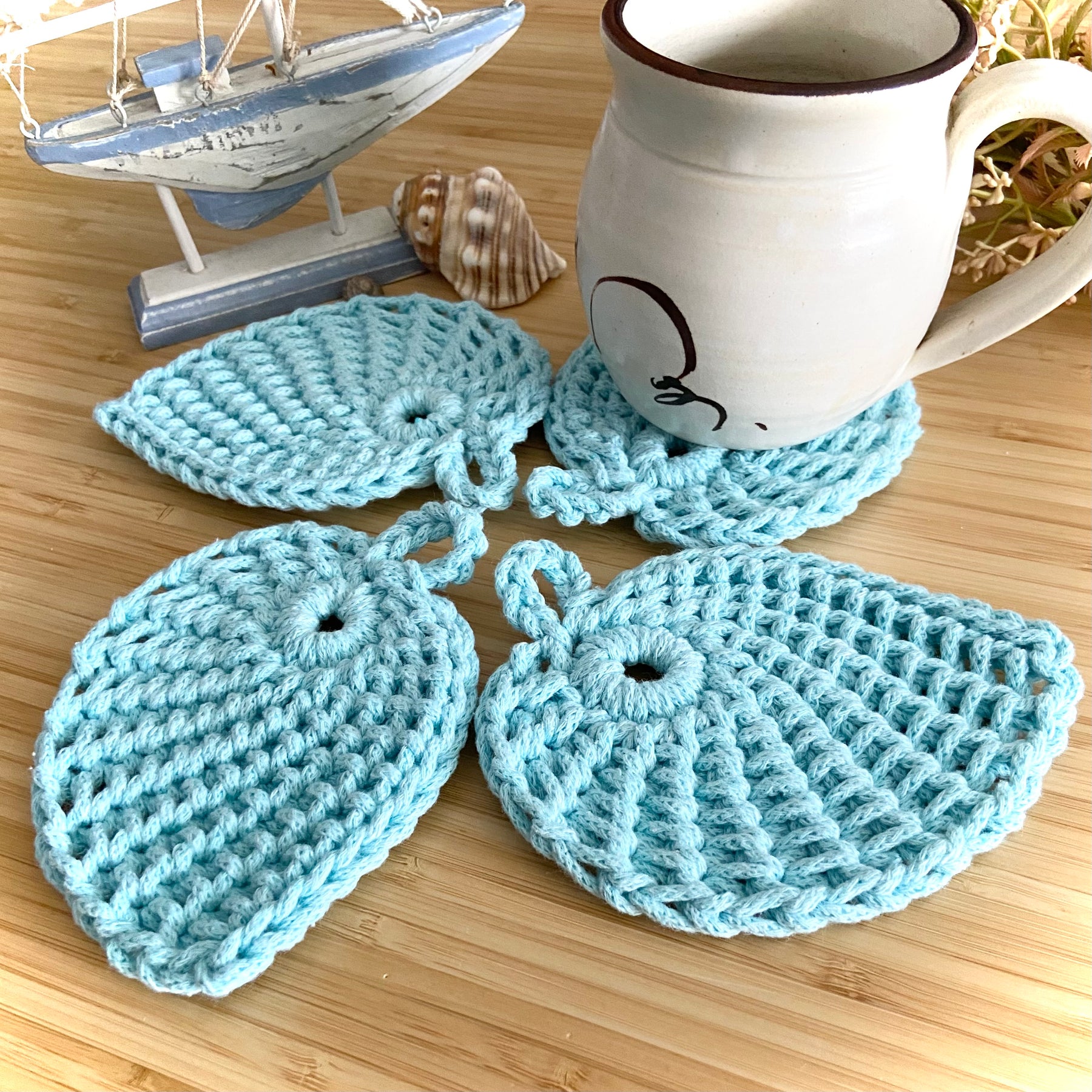 Crochet Leaf Coasters - Set of 4 - Coastal