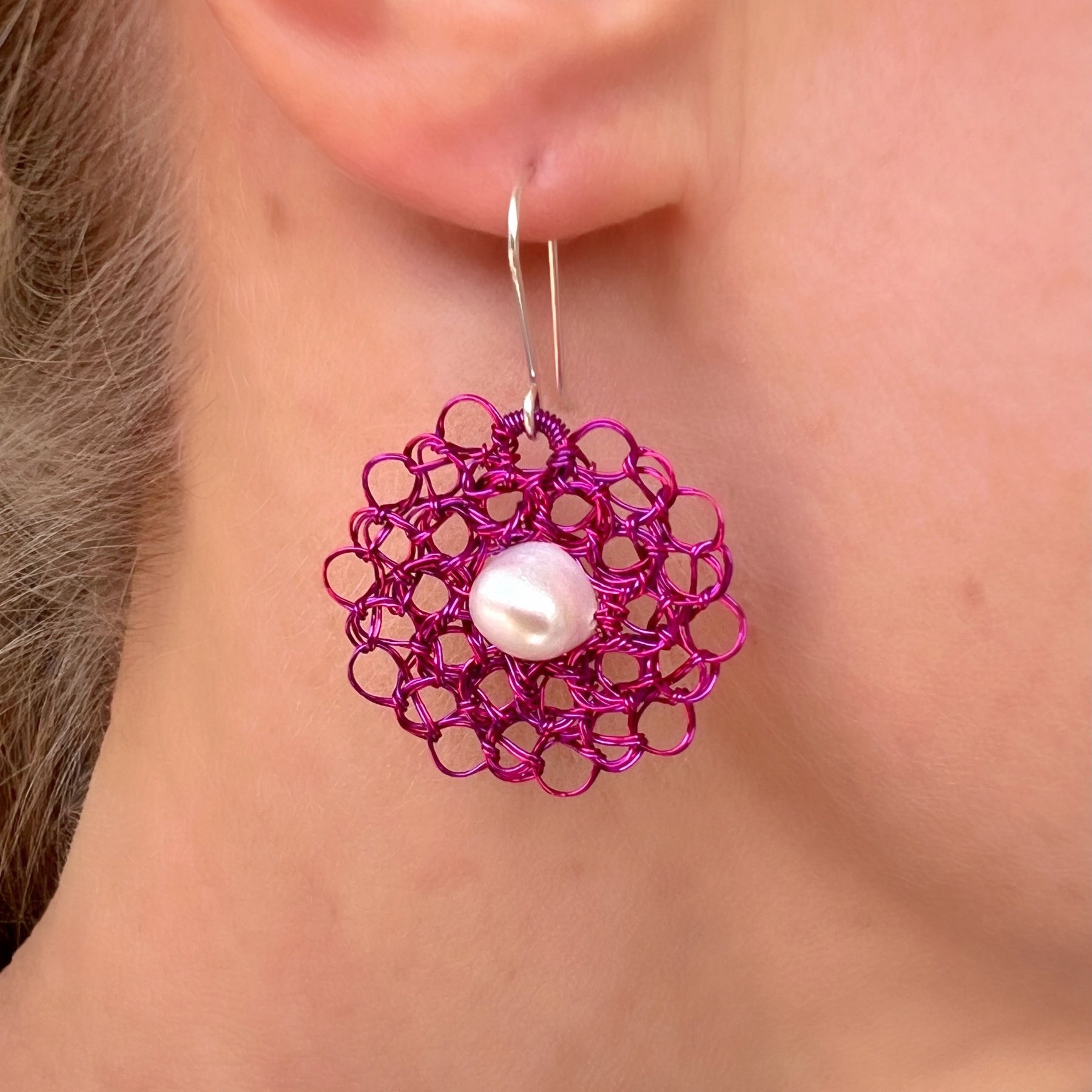 Pink and purple earrings with pearl and argentium ear hooks