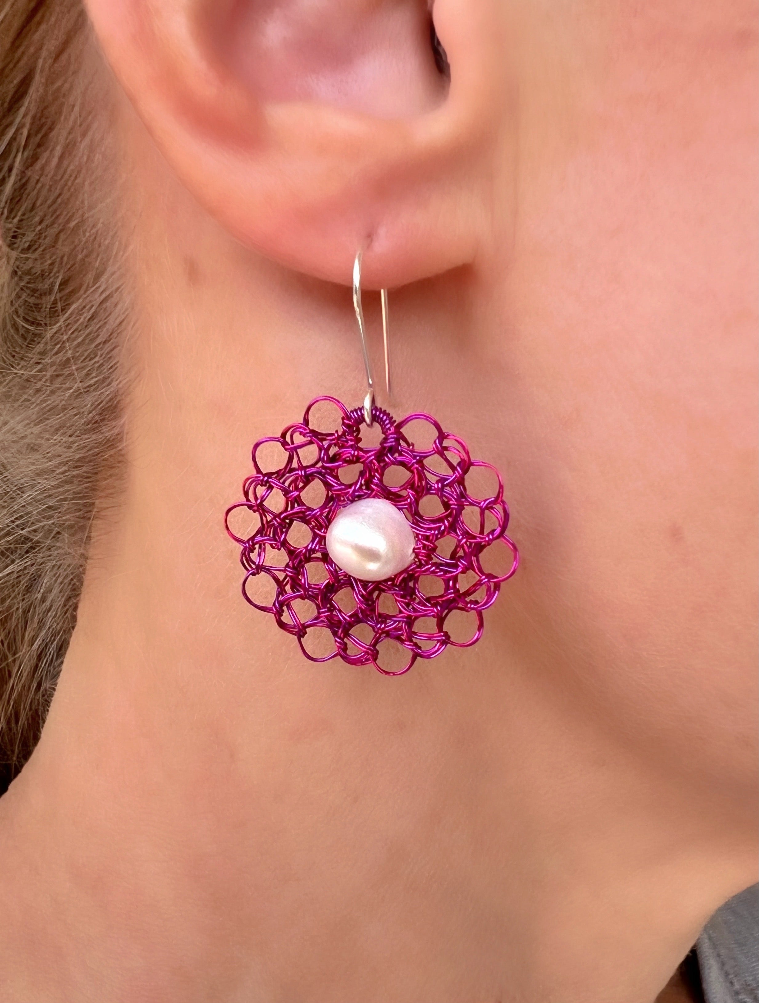 Pink and purple earrings with pearl and argentium ear hooks