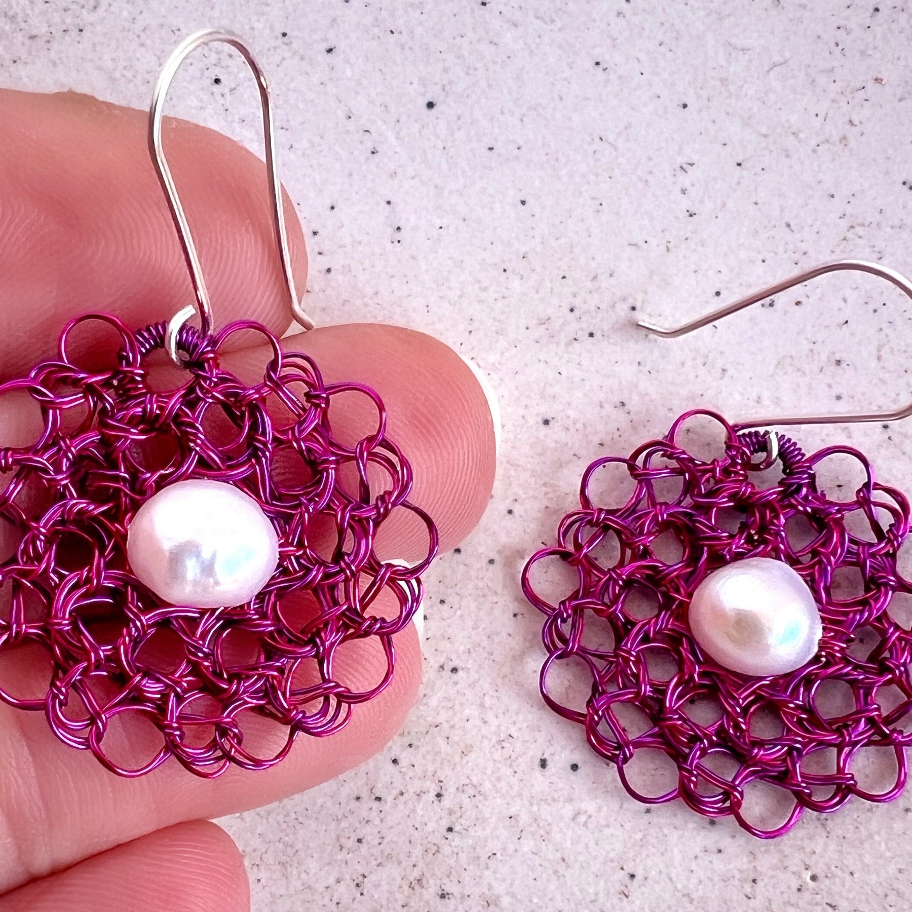 Pink and purple earrings with pearl and argentium ear hooks