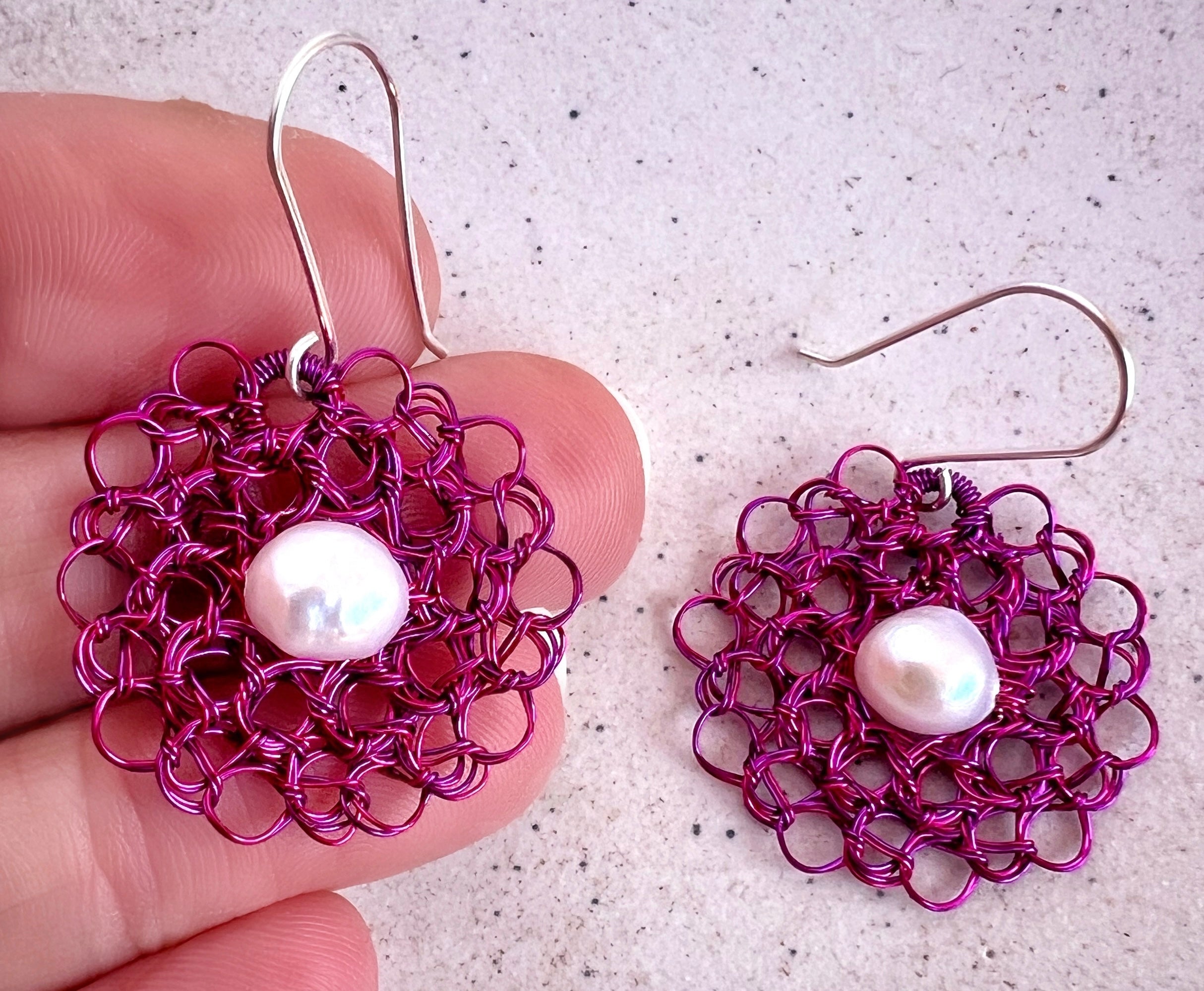 Pink and purple earrings with pearl and argentium ear hooks