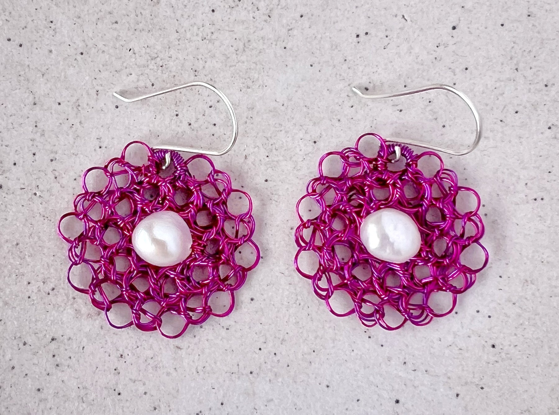Pink and purple earrings with pearl and argentium ear hooks