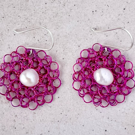 Pink and purple earrings with pearl and argentium ear hooks