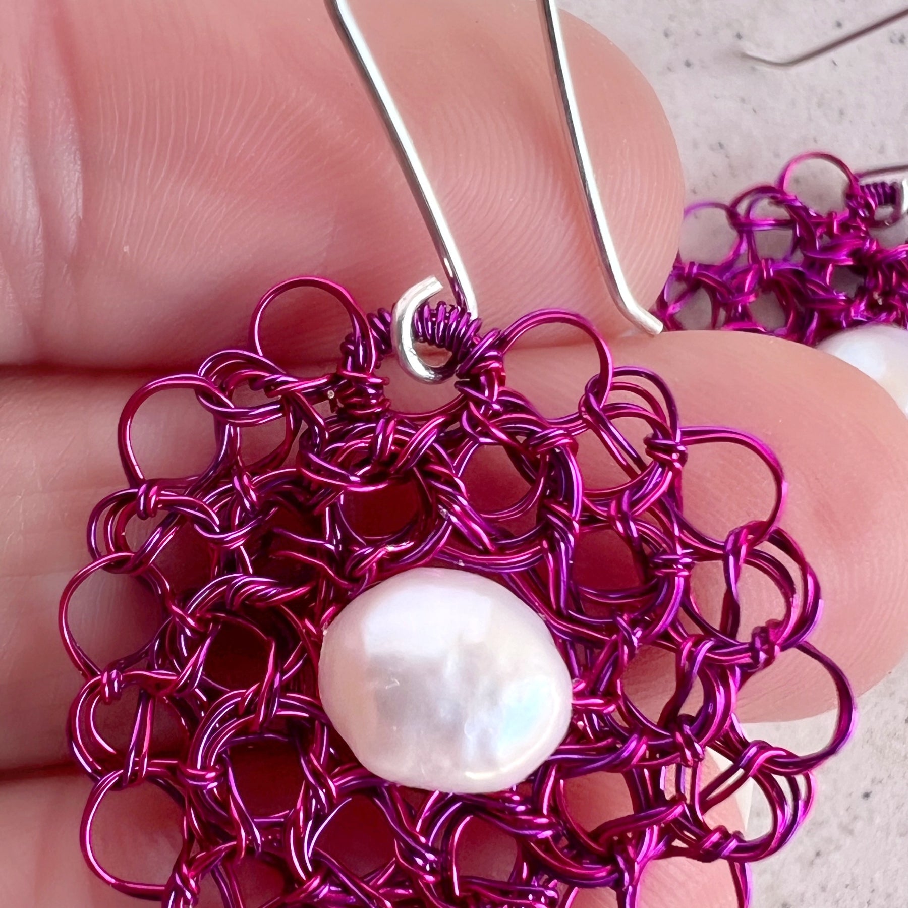 Pink and purple earrings with pearl and argentium ear hooks
