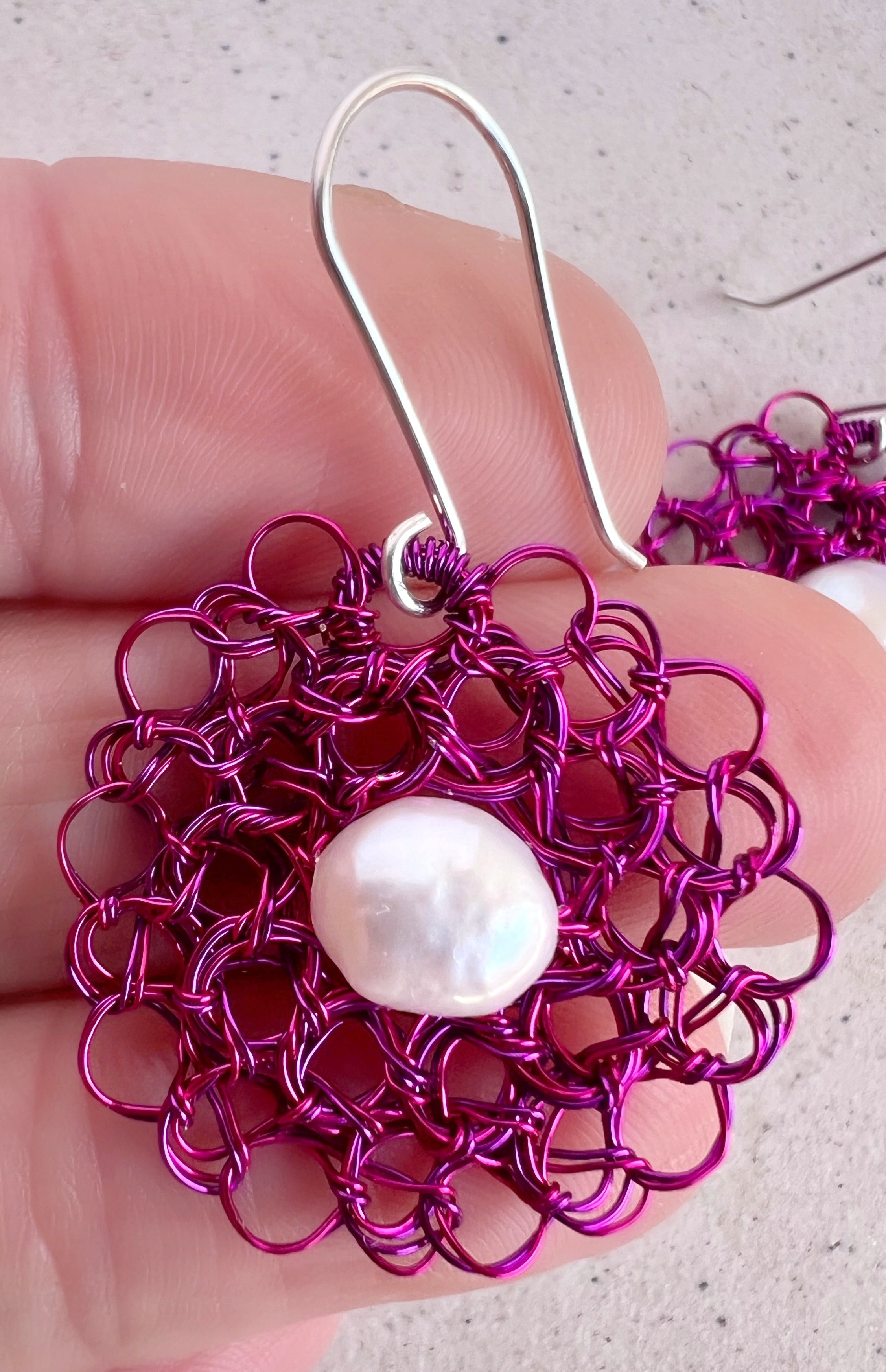 Pink and purple earrings with pearl and argentium ear hooks