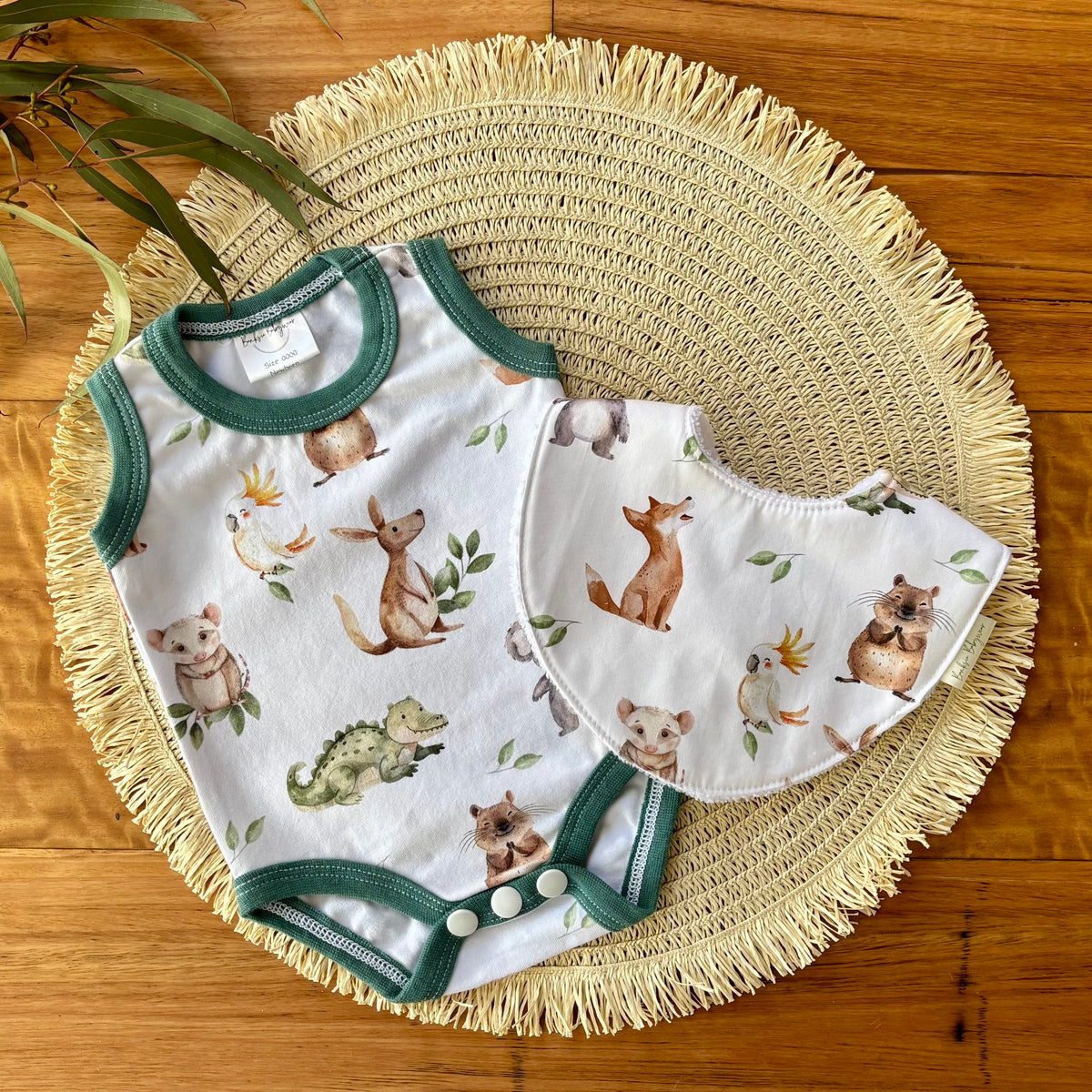 Baby Tank Bodysuit | Green Aussie Animals | Size premmie to 2 | Made to order