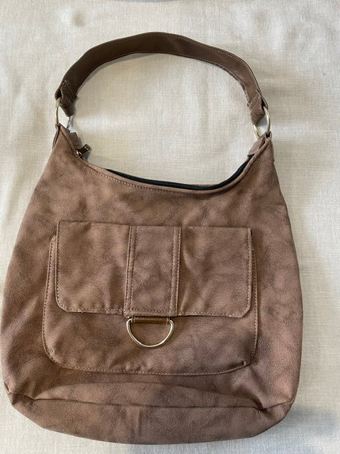 Brown Faux Leather-Look Fabric Slouch Bag