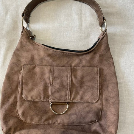 Brown Faux Leather-Look Fabric Slouch Bag