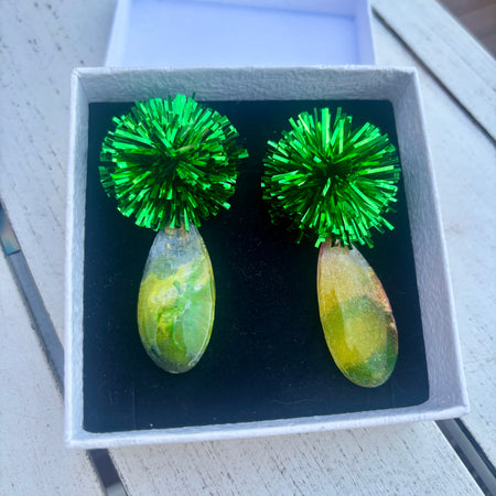 Emerald Pom Pom Statement Earrings