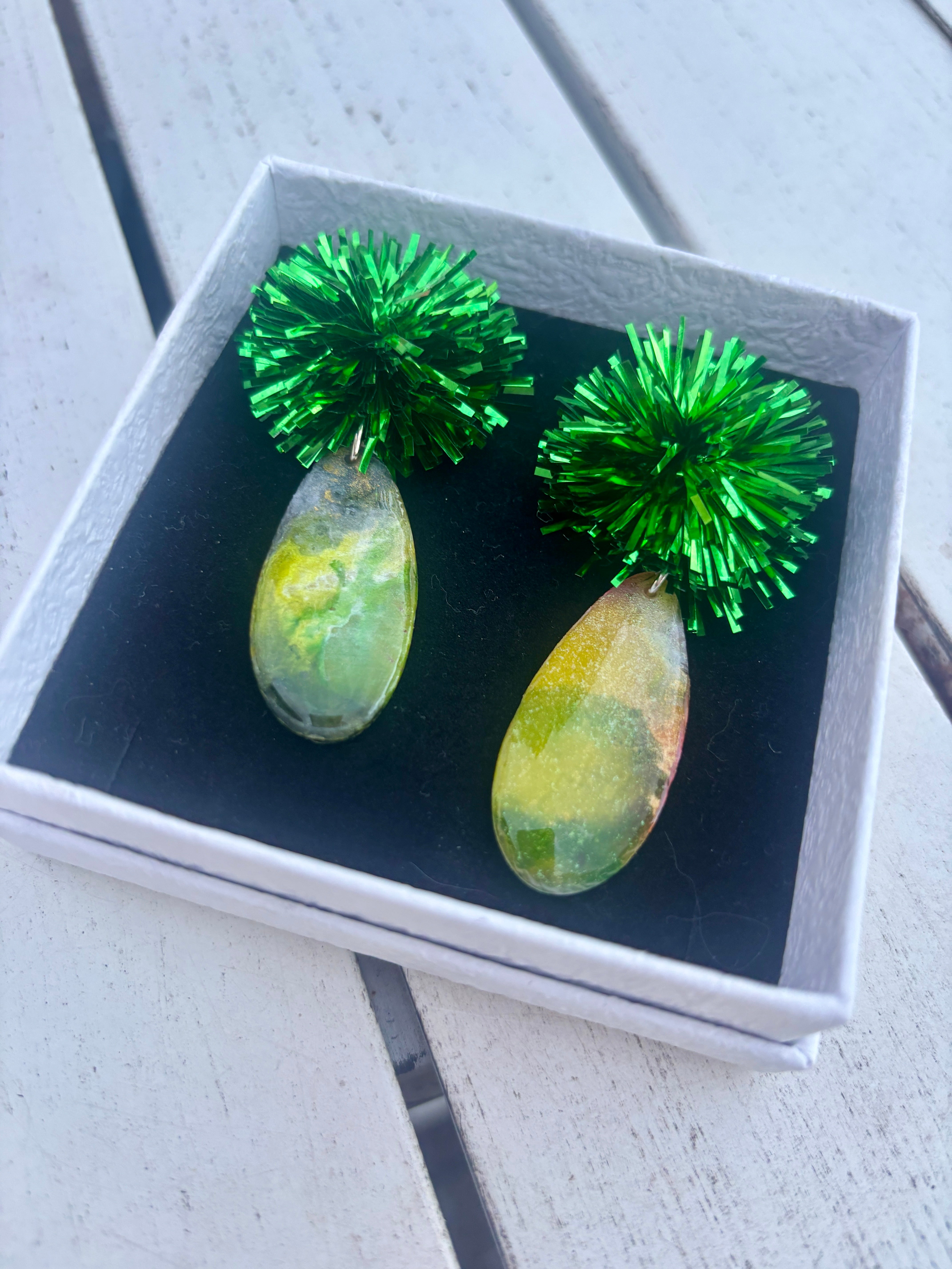 Emerald Pom Pom Statement Earrings