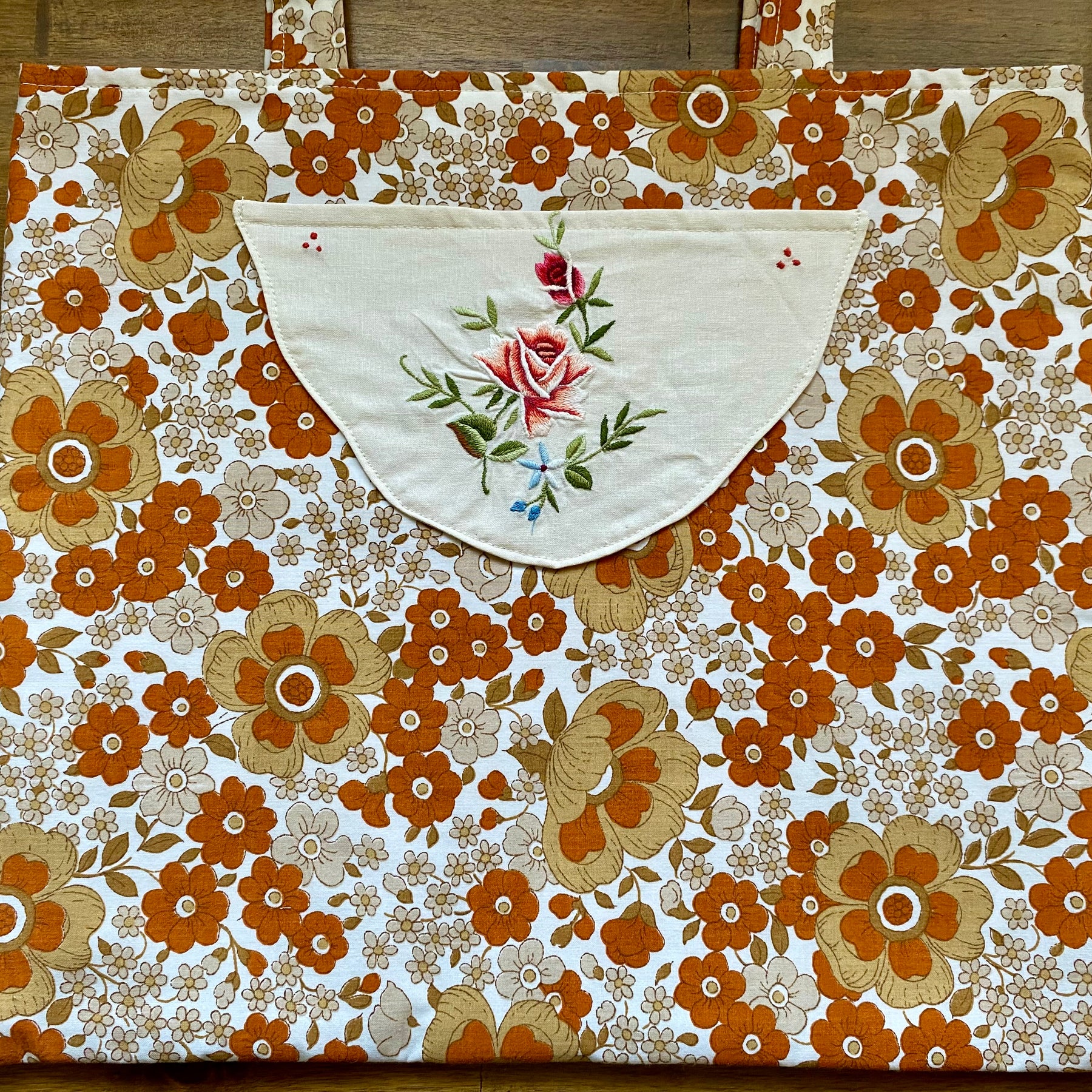 Vintage Doily Tote Bag - Embroidered Doily Pocket - Brown