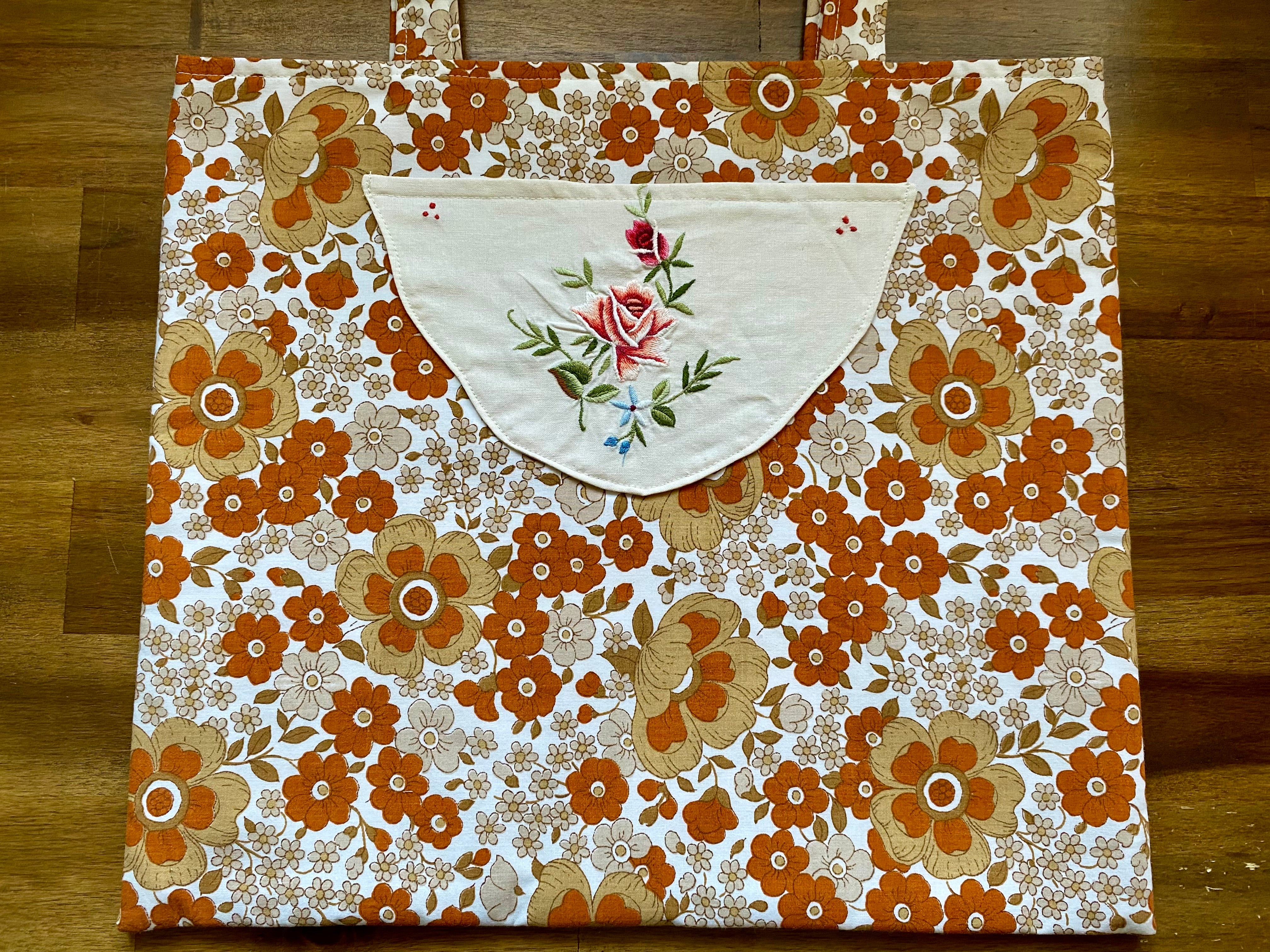 Vintage Doily Tote Bag - Embroidered Doily Pocket - Brown