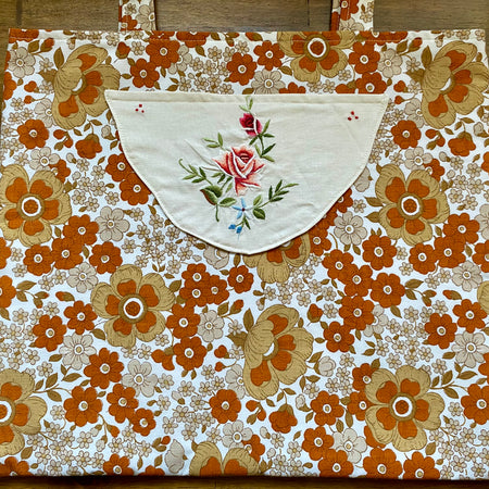 Vintage Doily Tote Bag - Embroidered Doily Pocket - Brown