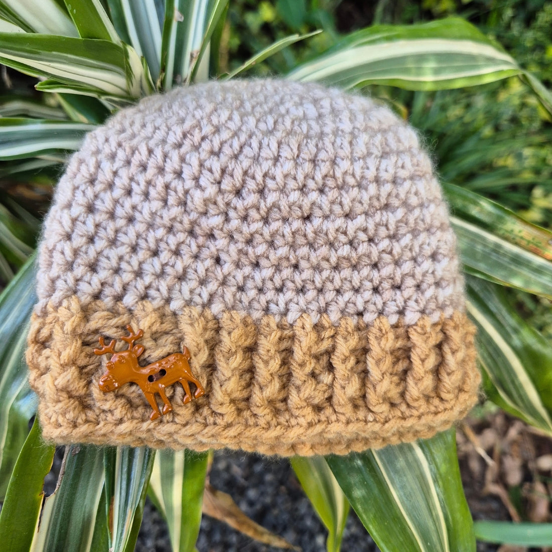 Two Tone Brown acrylic Crocheted Beanie with Moose Button