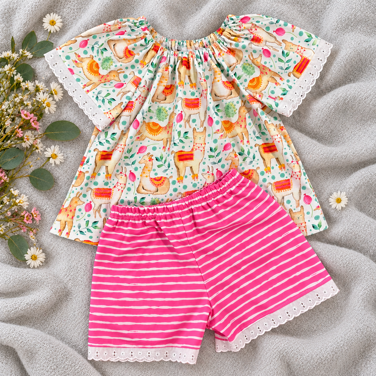 SIZE 2 Llama Print Top & Pink Stripe Shorts Set