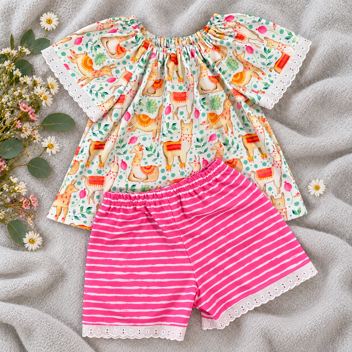SIZE 2 Llama Print Top & Pink Stripe Shorts Set