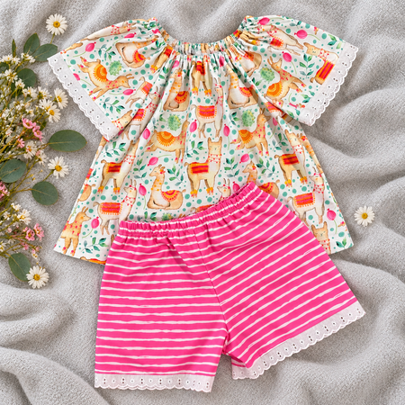 SIZE 2 Llama Print Top & Pink Stripe Shorts Set