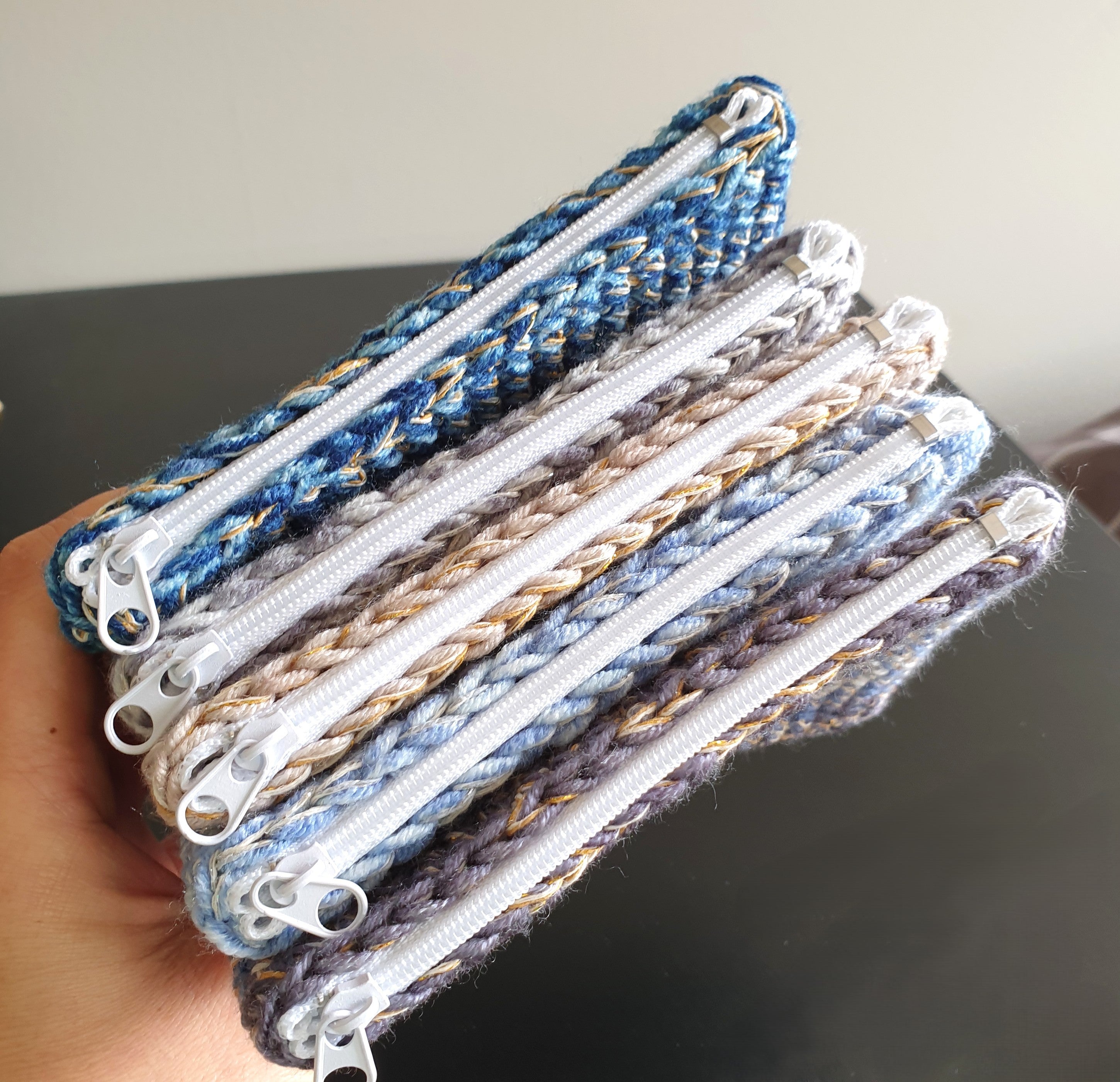 Handmade Zippered Crochet Travel Purse : Blue Gray Brown & Gold Silver mix