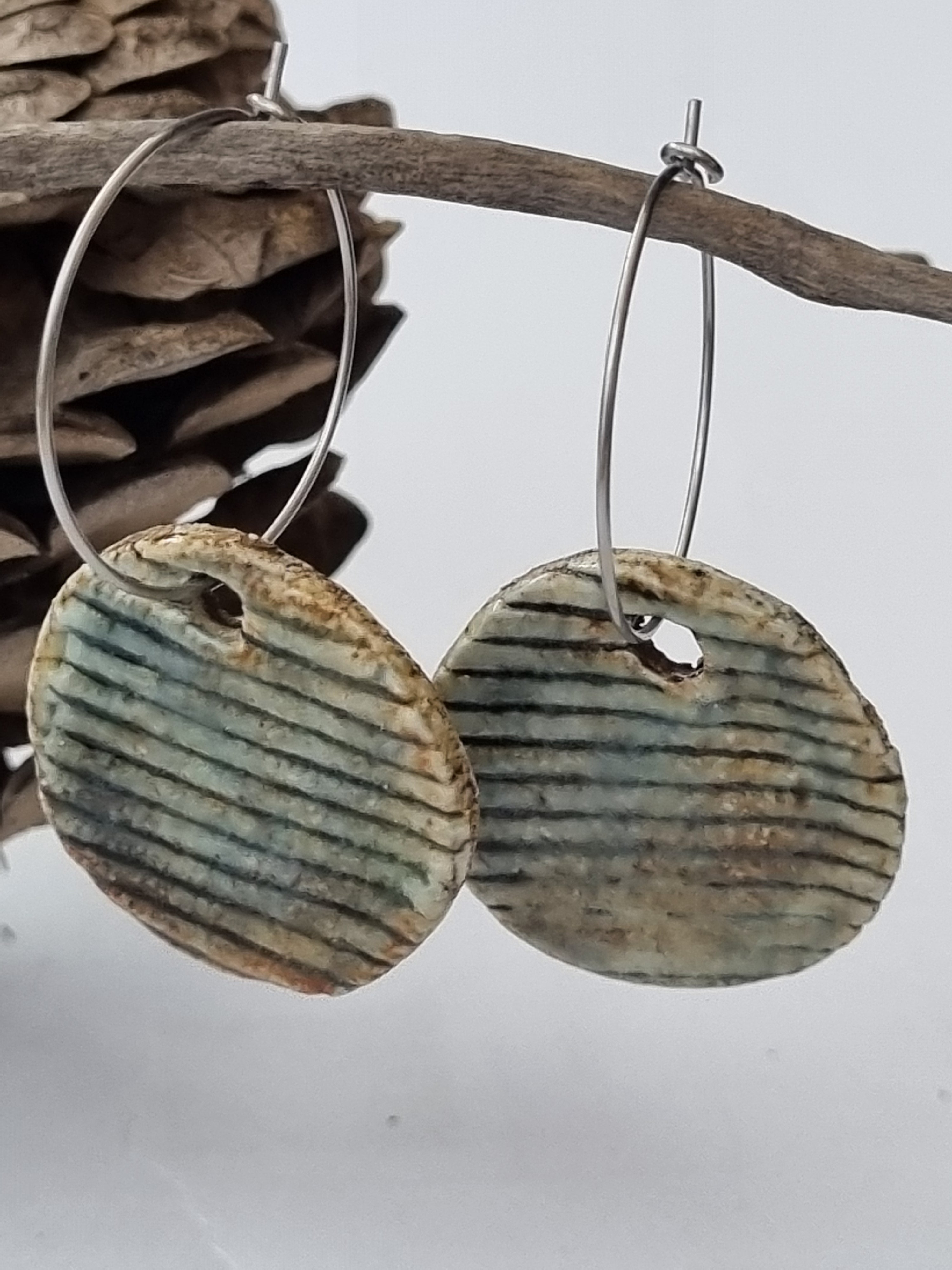 Handmade Stoneware Ceramic Earrings, blue grey multi-coloured, 28mm diameter, pierced ears