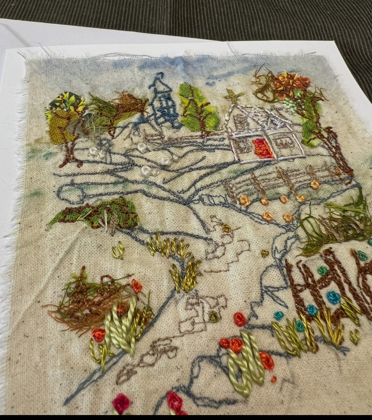 Greeting Card - Hand painted and Hand Embroidered Country Scene