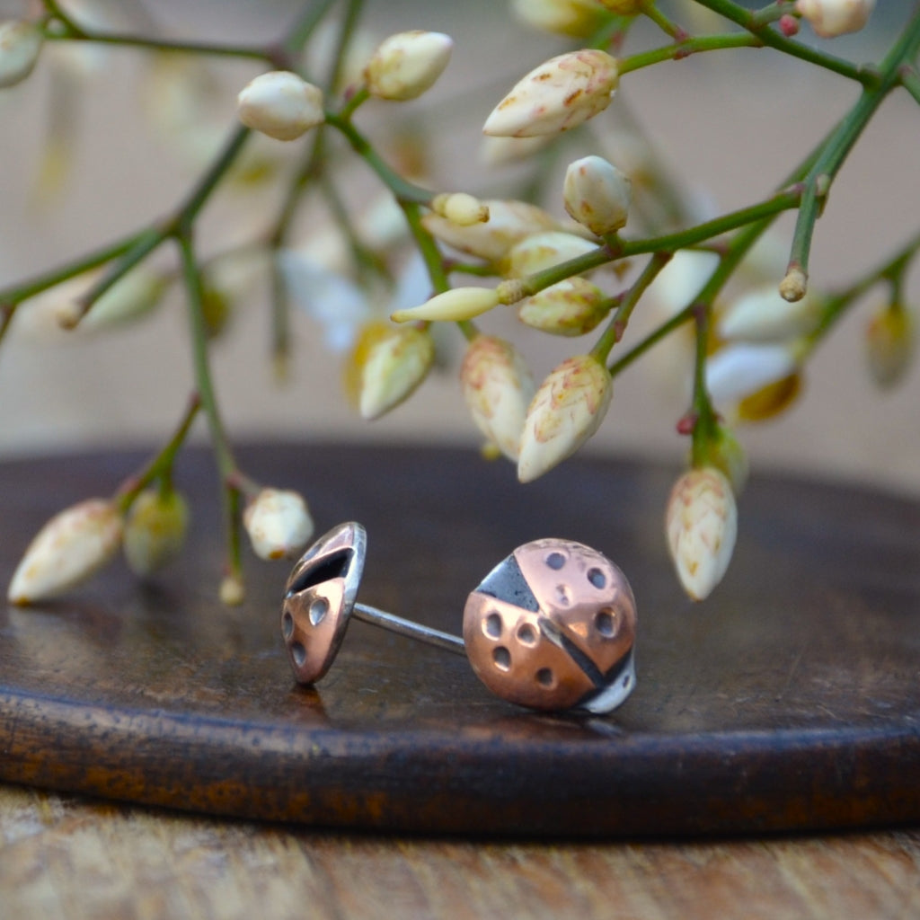 Copper and Silver Ladybird Stud Earrings