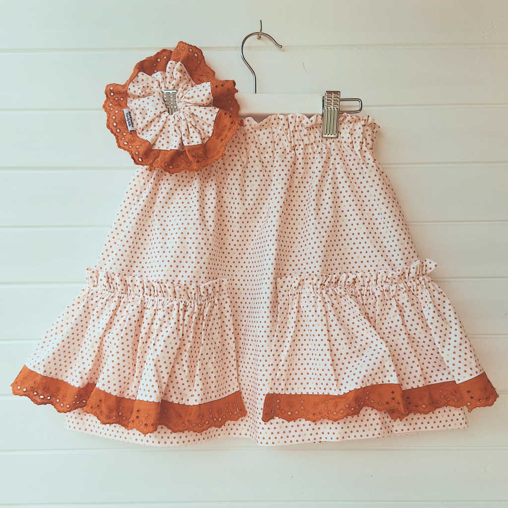 Handmade Girls Ruffle Skirt | Scrunchie | Rust Lace Trim | Size 6