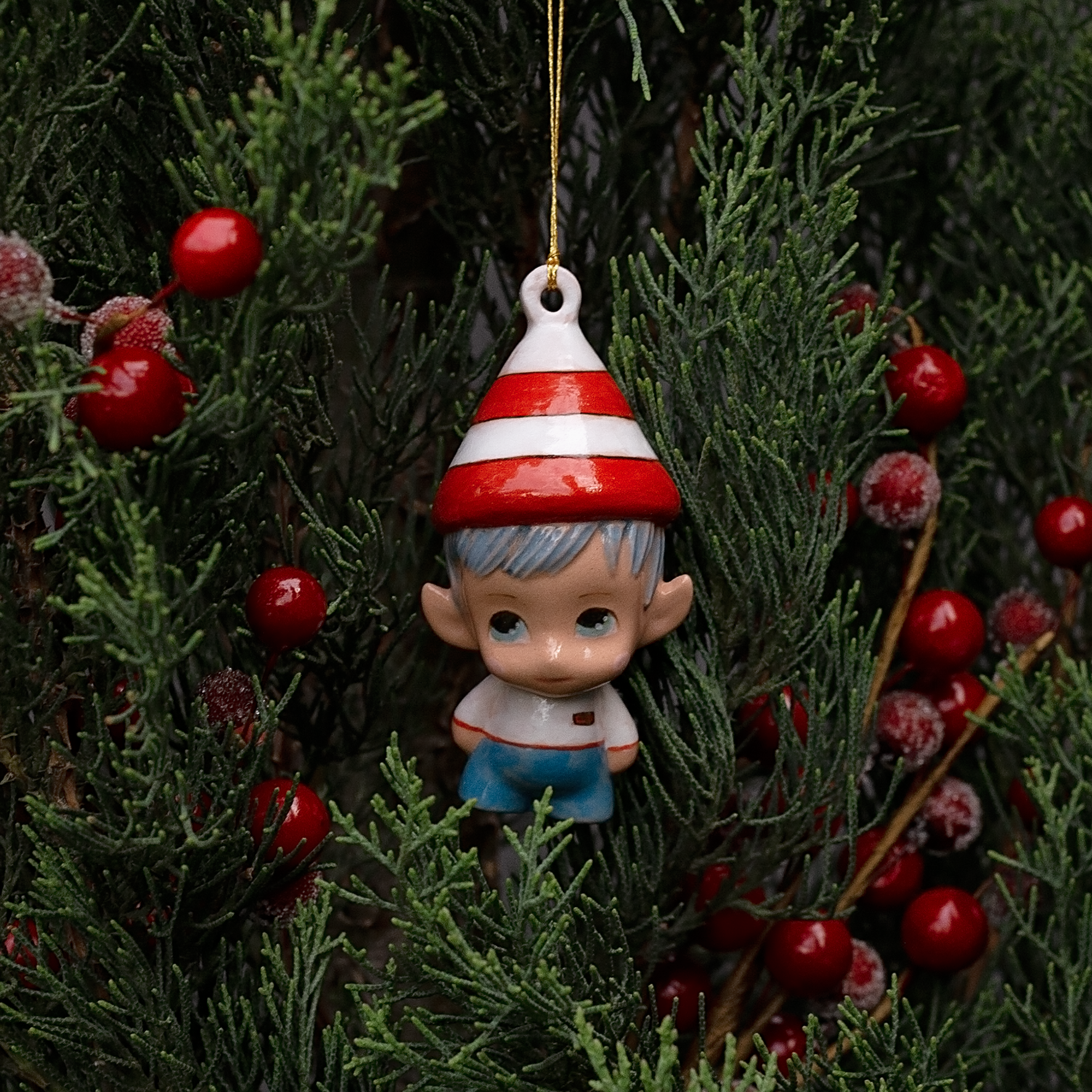 Handmade Porcelain Christmas ornament.  One-of-a-kind. Marcus, the Tinker Elf.