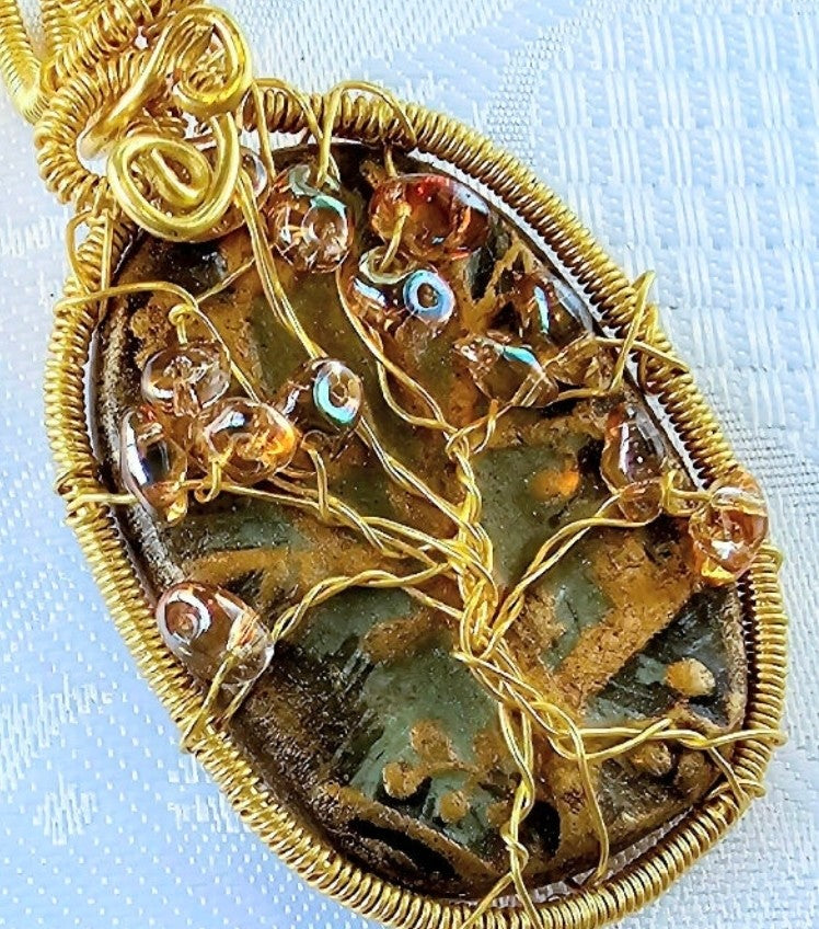 Amber Ceramic Tree of Life Pendant Wirewrapped in Brass with Amber Beads FREE POST