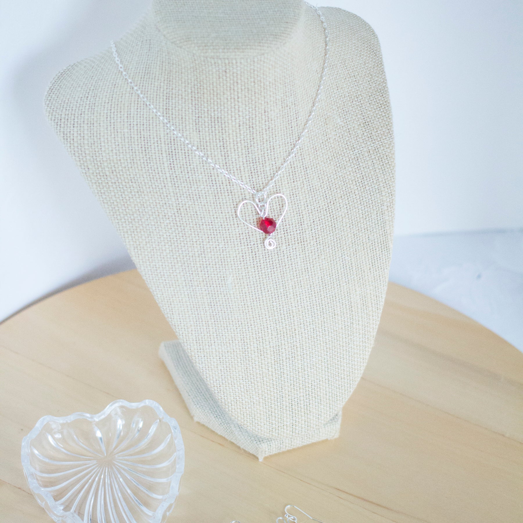 Silver Heart and Red Crystal Pendant Necklace and Earrings Set