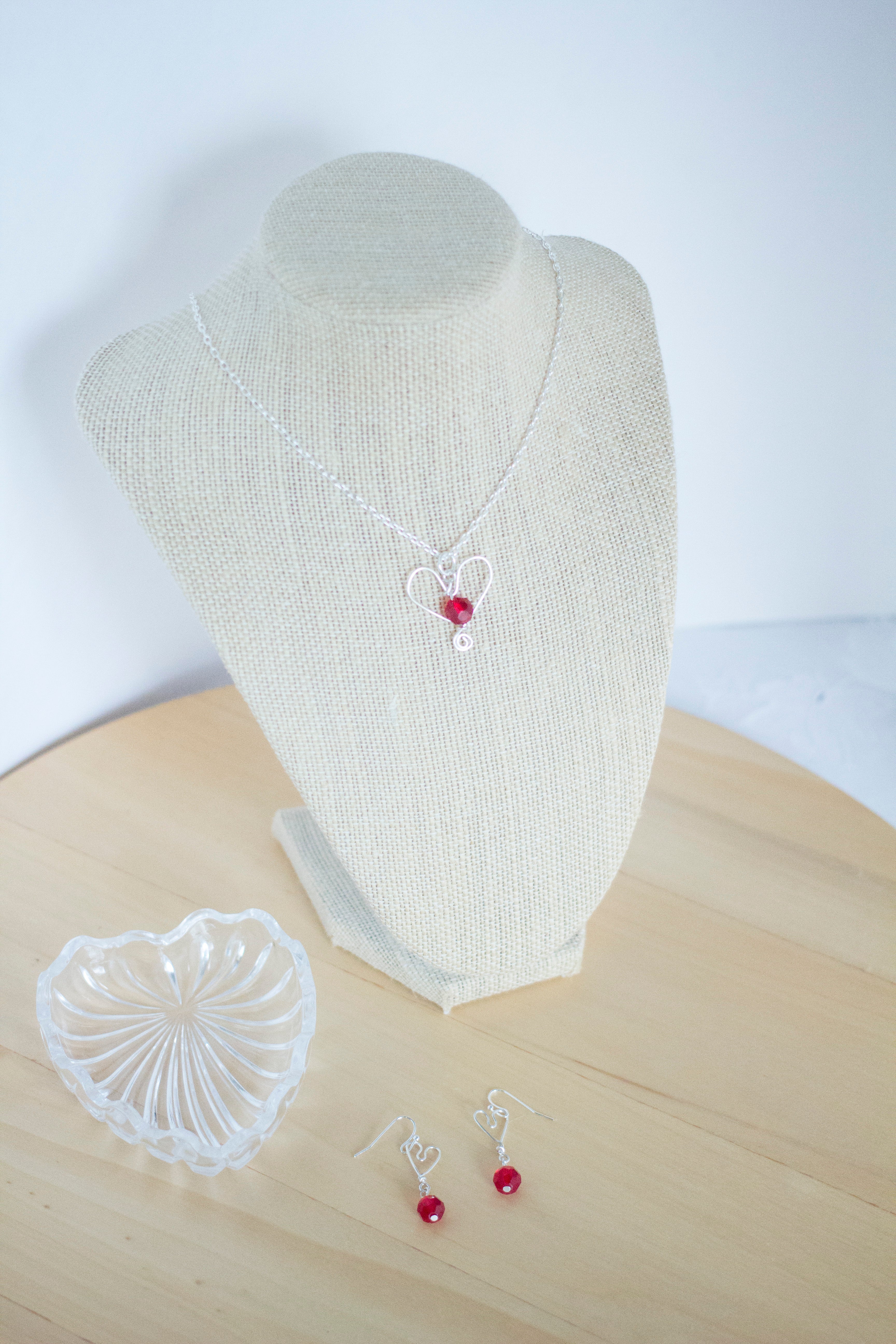 Silver Heart and Red Crystal Pendant Necklace and Earrings Set