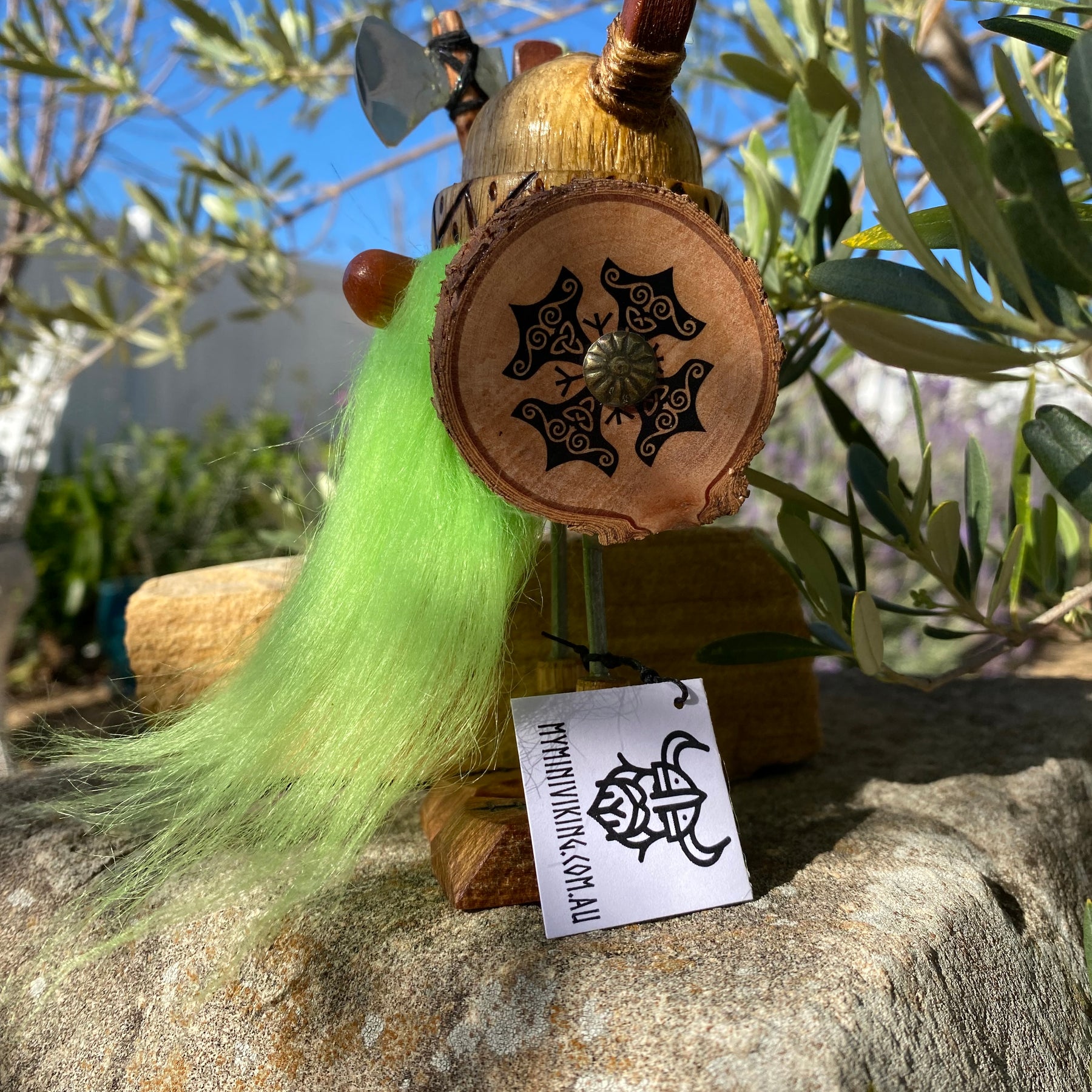 Handmade Wooden Viking Figure with Green Beard – Recycled Australian Timber Decor