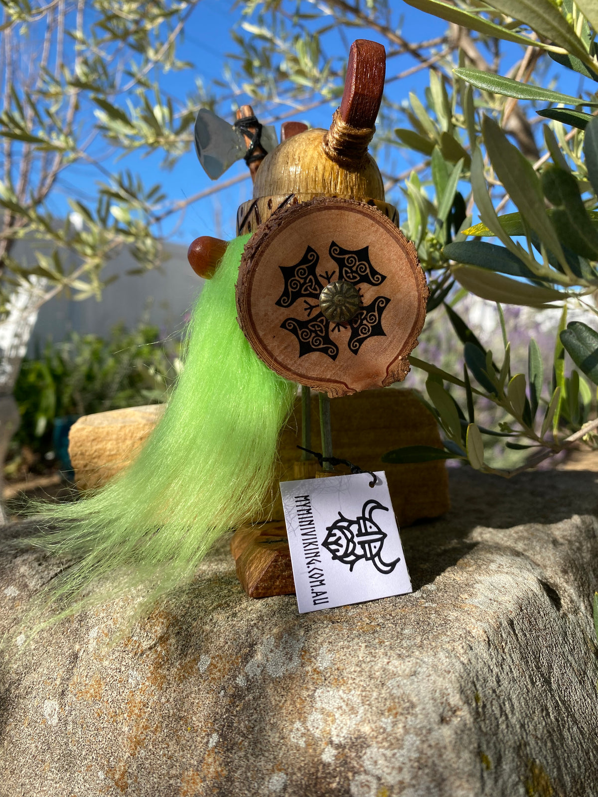 Handmade Wooden Viking Figure with Green Beard – Recycled Australian Timber Decor