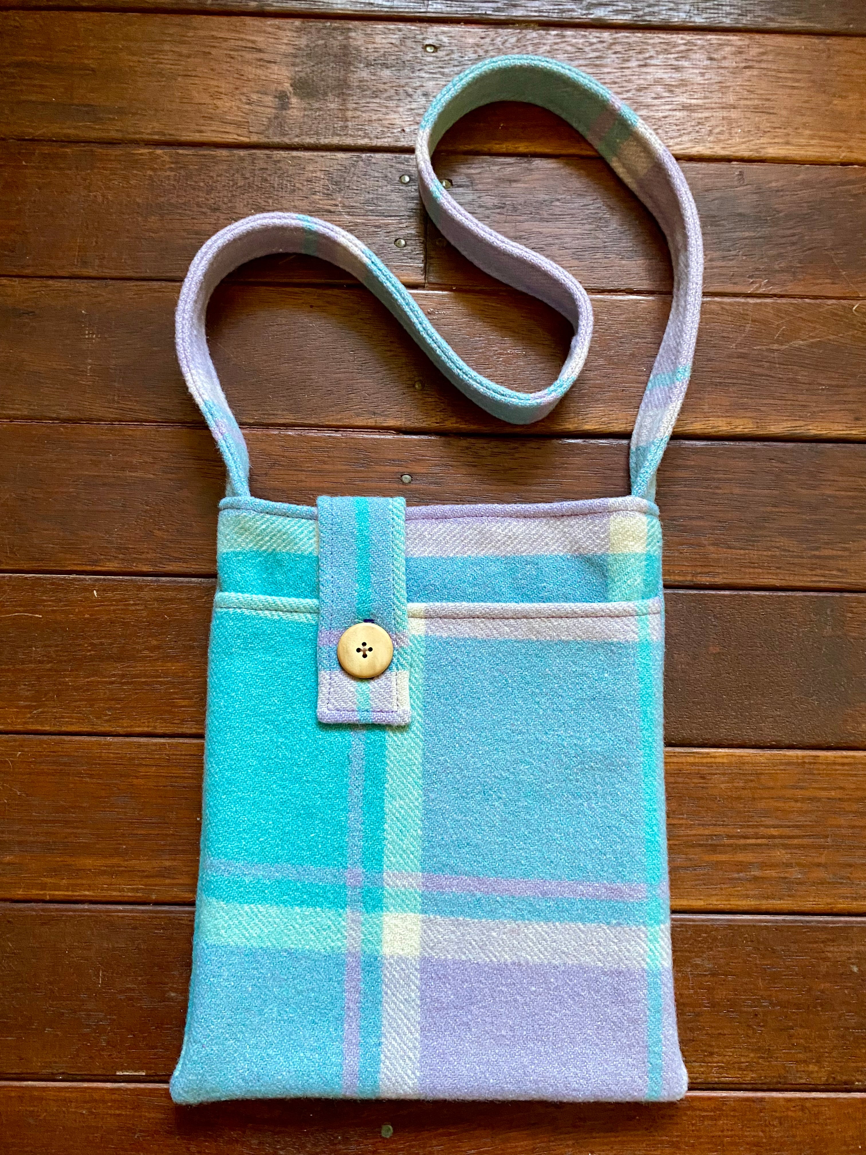 Upcycled Woollen Blanket - Cross Body Bag - Blue/Mauve