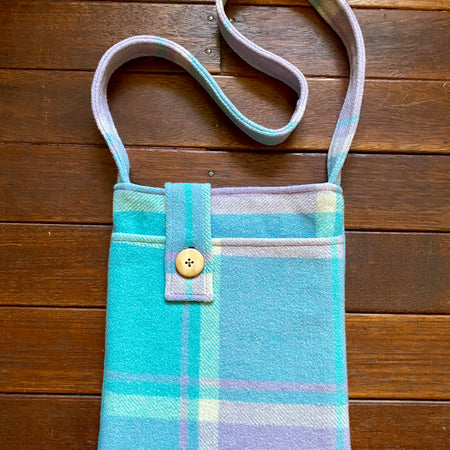 Upcycled Woollen Blanket - Cross Body Bag - Blue/Mauve