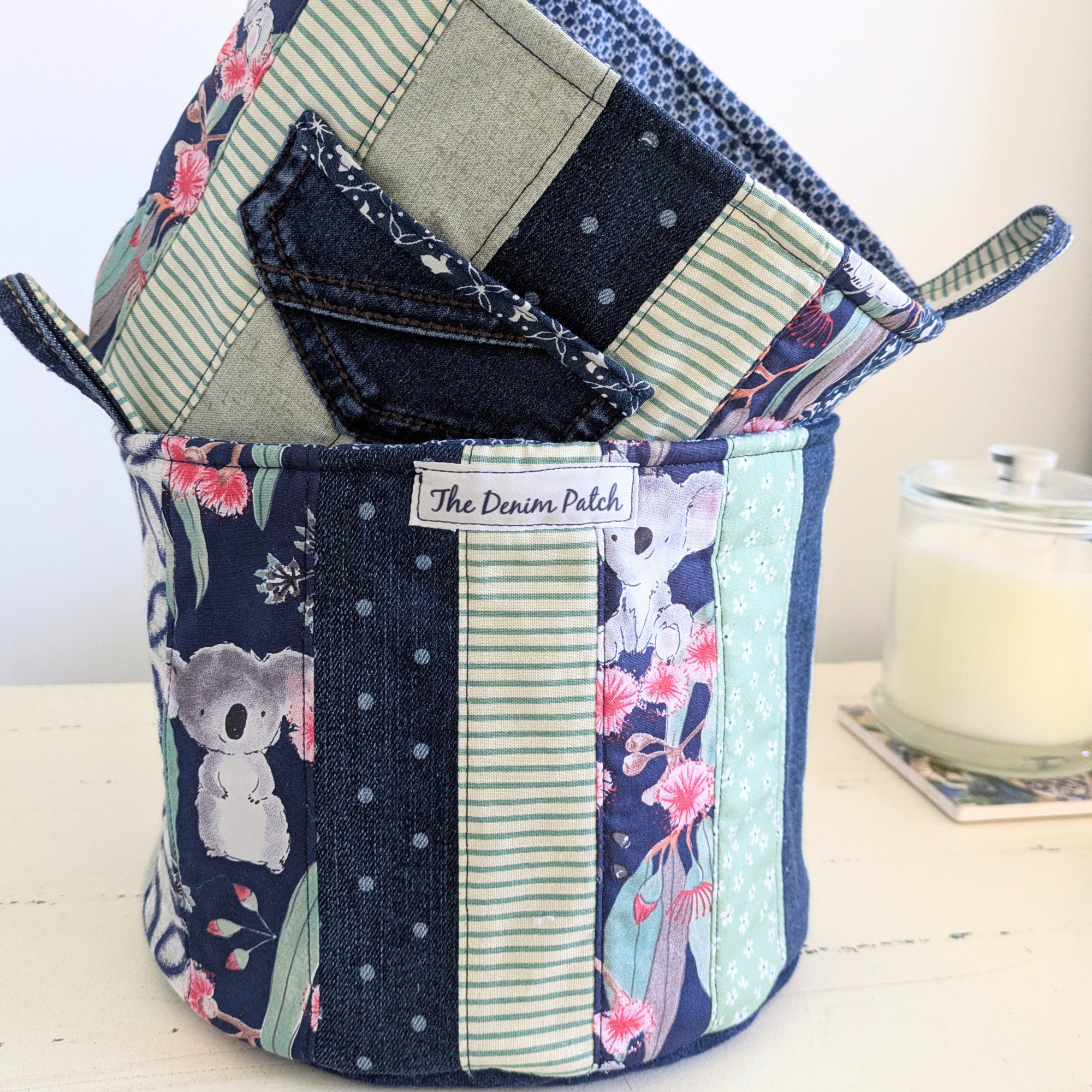 Storage Basket Upcycled Denim Koala Blue