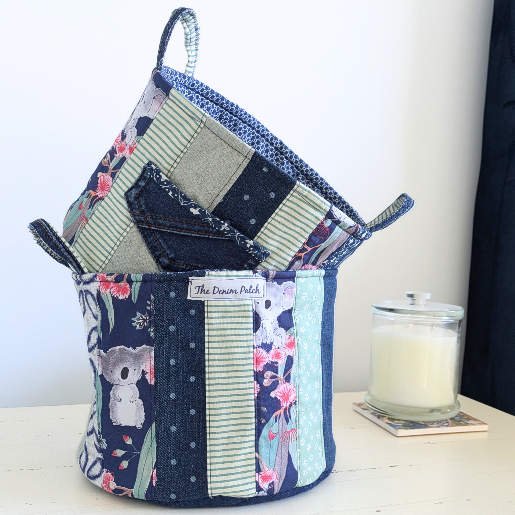 Storage Basket Upcycled Denim Koala Blue